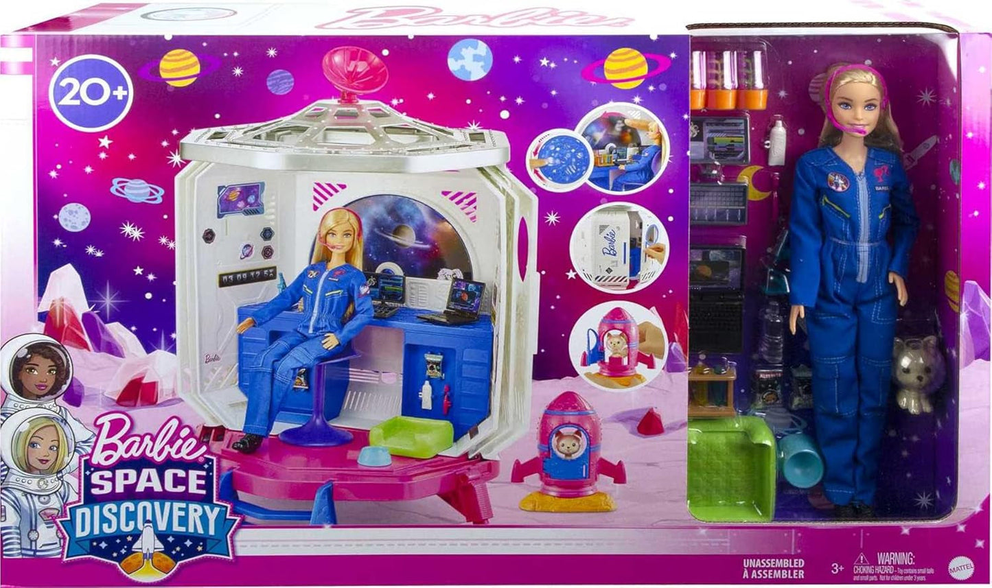 Barbie GXF27 – Raumstation, Weltraumabenteuer, Weltraumpuppe, Welpe, Arbeitsplatz, Weltraumszenen, 20 Zubehörteile, Geschenkspielzeug für Kinder ab 3 Jahren