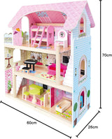 Bino World of Toys Puppenhaus mit Balkon, Spielzeug für Kleinkinder ab 3 Jahren, mit 3 Etagen, Treppen, 4 Zimmern und Balkon inkl. 15-TLG. Zubehör, Zur Förderung der Fähigkeiten von Kindern, Puppenhäuser im rosa Design von Naty Shop