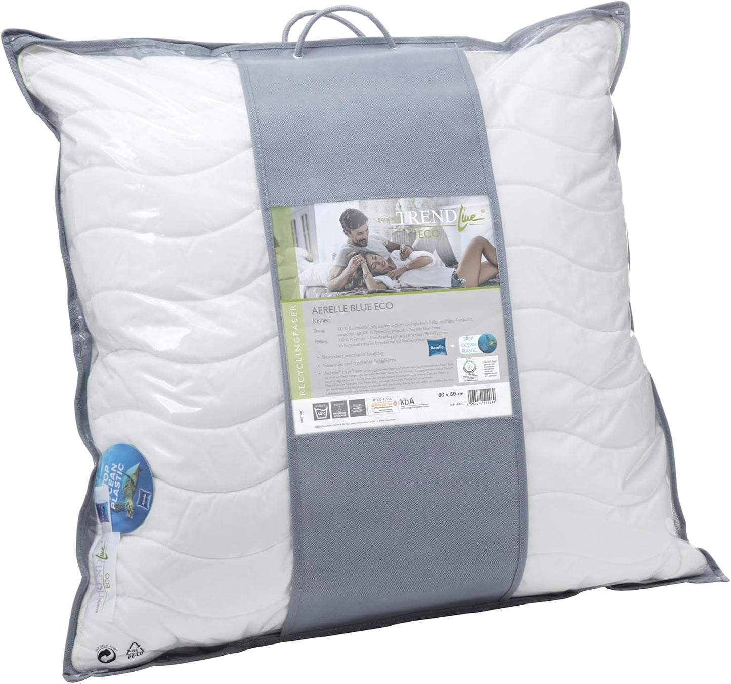 Badenia Trendline Öko-Kissen Aerelle Blau 80 x 80 cm, weiß, Öko-Tex zertifiziert, hergestellt nach dem deutschen Qualitätsstandard Naty Shop Standardkissen