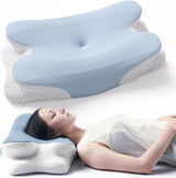 RUMMY Ergonomisches Memory-Schaum-Nackenstützkissen mit abnehmbarem, waschbarem Bezug für Seiten- und Bauchschläfer (grau). Orthopädische Halskissen von Naty Shop, Blau