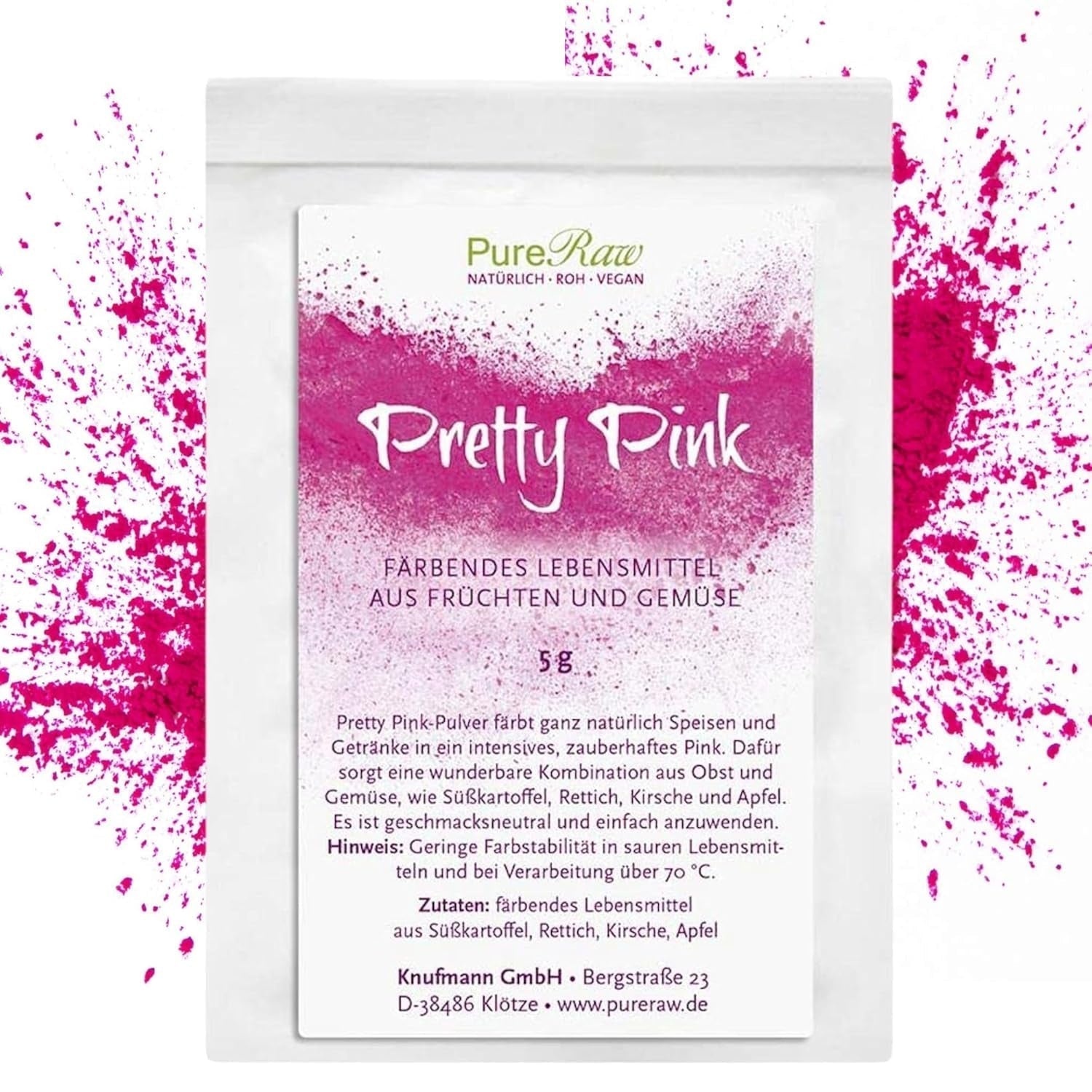 Pretty Pink Natürliche Lebensmittelfarbe Pulver Rosa (Roh Vegan) Pastel Rose Bis Intensiv Rosa-Rot - Essbare Farbe Für Lebensmittel Aus Früchte Und Gemüse - Natürliche Lebensmittelfarbe | Pureraw 5G Naty Shop 5 G (1Er Pack) Pink