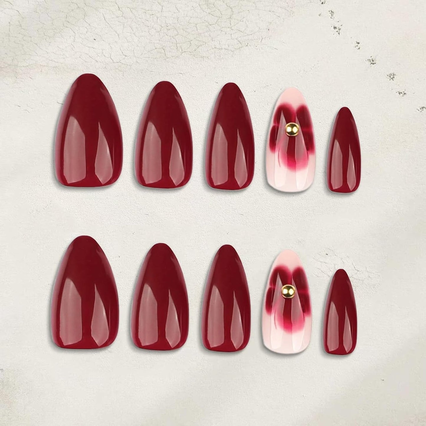 24 burgunderfarbene Blumen mit Diamantrüstung, Nagelpresse, künstliche Nägel aufkleben, Nagelspitzen-Set