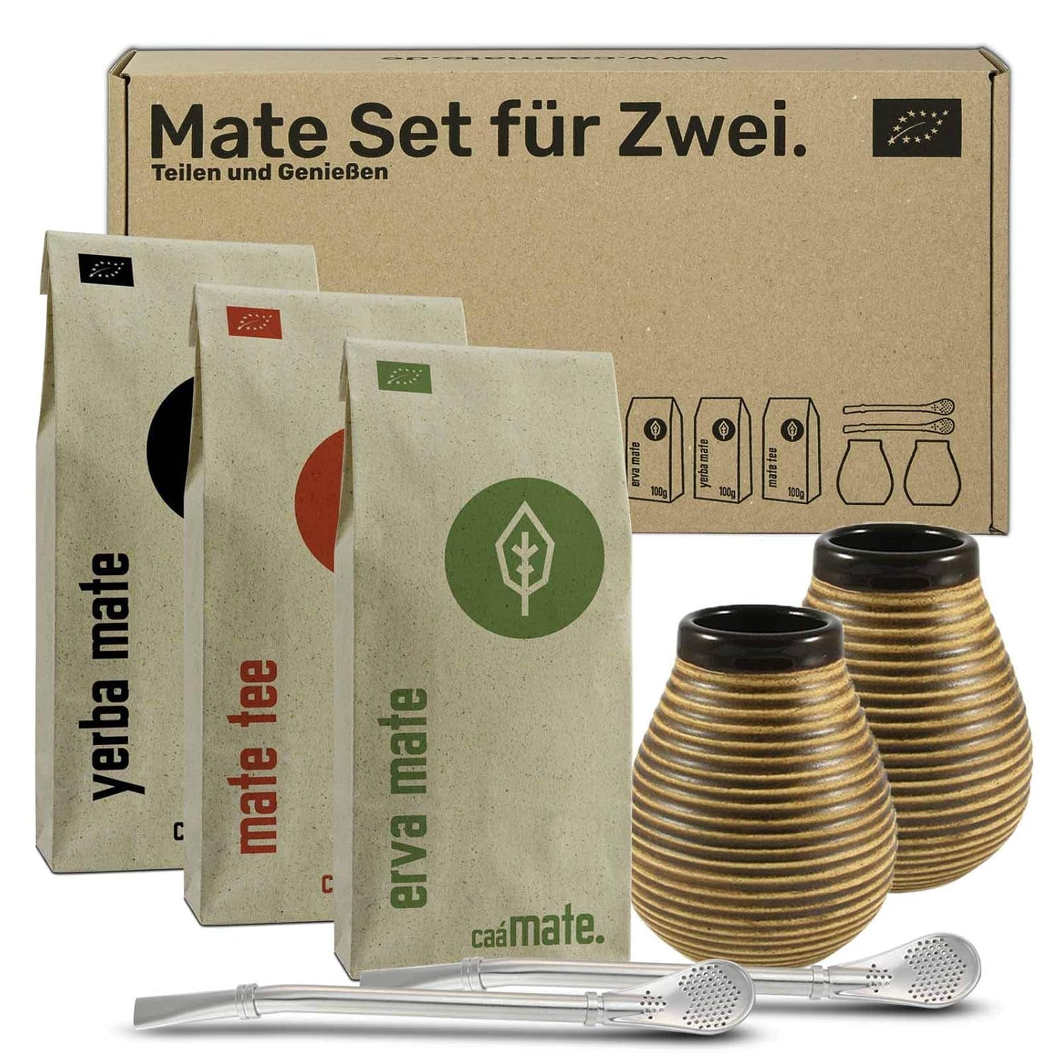 Mate-Tee-Set für zwei, Bio ● 2 Mate-Tassen + 2 Bombillas + 300 g Mate-Tee + Zubereitungsanleitung