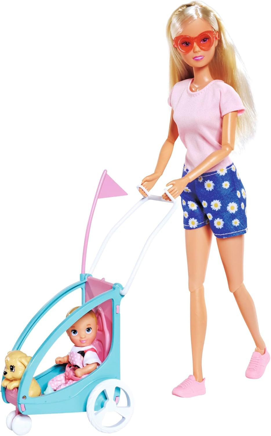 Steffi Love Fahrradanhänger, Puppe auf Fahrrad mit Anhänger für Baby, Hund und Kopfhörer, ab 3 Jahren