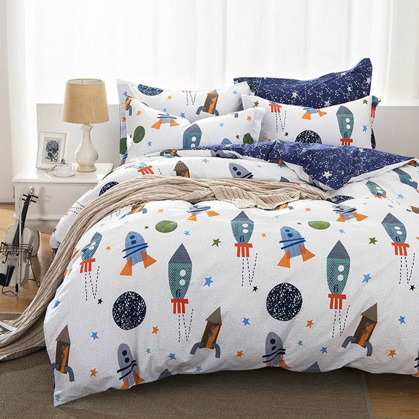 Kinderbettwäsche, Raketen und Planeten, Wendedesign, Baumwolle Bettwäsche – Kinder Naty Shop 155X220Cm + 50X75Cm