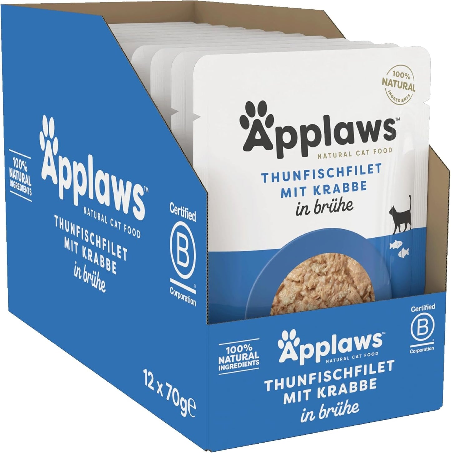 Applaws 100 % natürliches Nassfutter für Katzen, Thunfischfilet mit Krabben in Brühe – Packung mit 12 x 70 g Beuteln