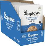 Applaws 100 % natürliches Nassfutter für Katzen, Thunfischfilet mit Krabben in Brühe – Packung mit 12 x 70 g Beuteln