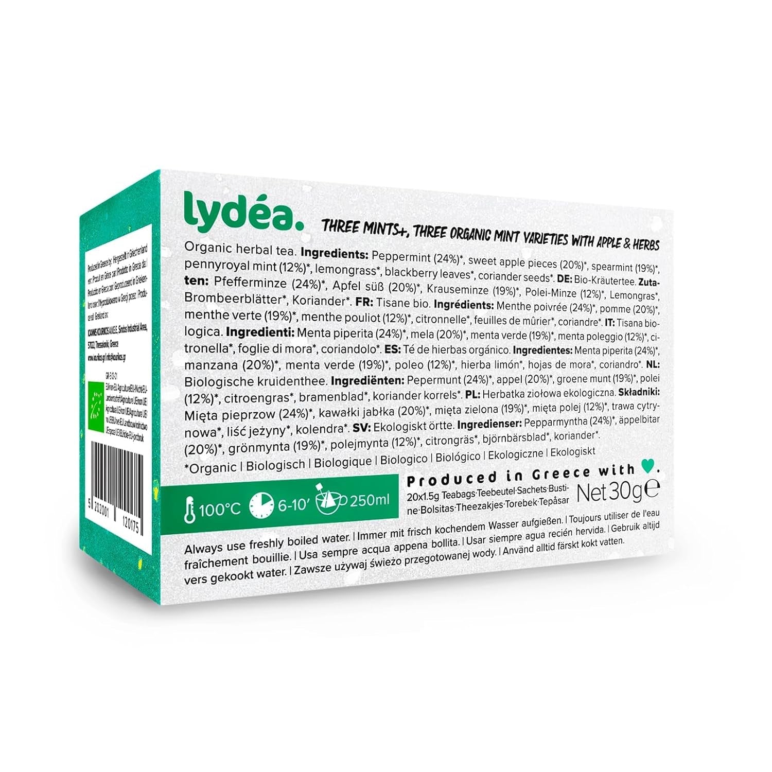 Lydea Three Mints+ Bio-Kräutertee mit drei Sorten Minze, Apfel und Kräutern, 60 Pyramiden, 3er-Pack [3 x 20 Pyramiden]