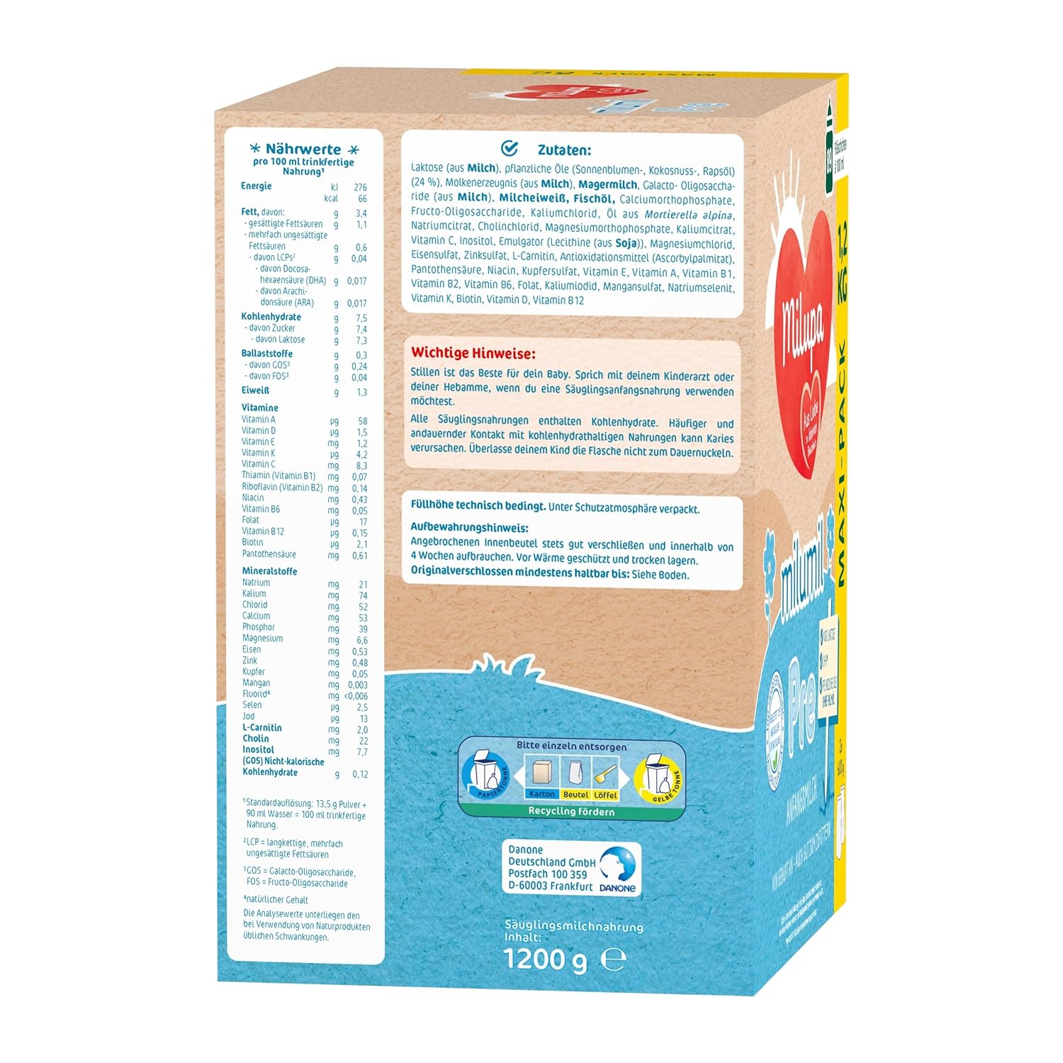 Milupa Milumil Pre, Milchpulver für Babys – Mit wichtigen Nährstoffen und ohne Palmöl – 800 g Naty Shop