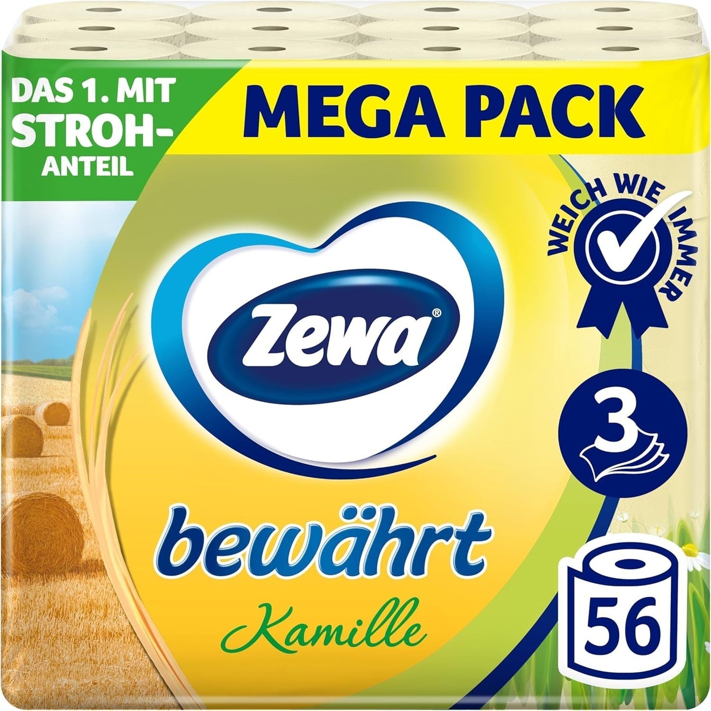 Zewa bewährtes Kamille-Toilettenpapier mit Strohhalm, 7 x 8 Rollen