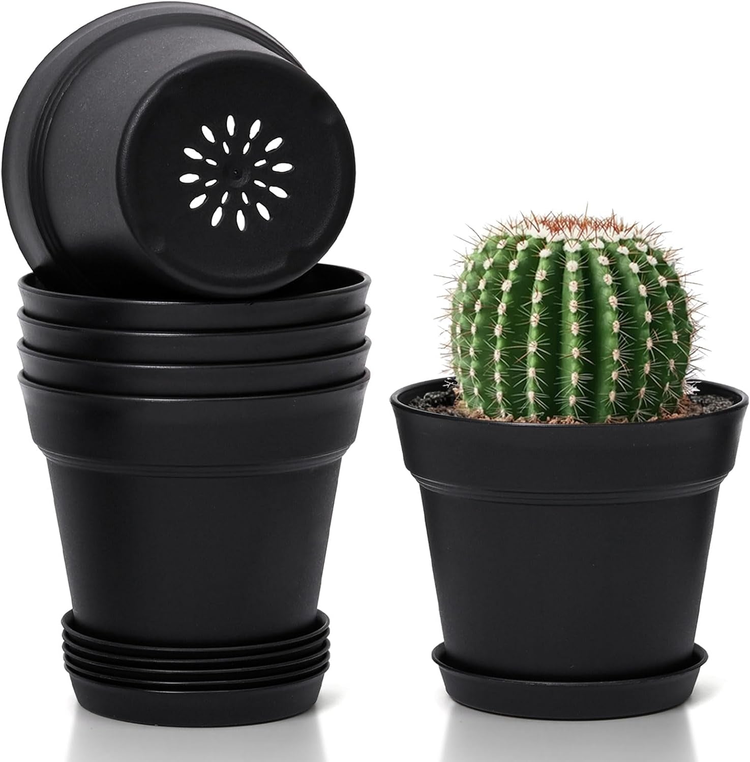 T4U 16 cm Kunststoff-Blumentopf mit Untersetzer, Set mit 6 Kunststoff-Kräutertöpfen mit mehreren Drainagelöchern, runder Topf für Sukkulenten im Innen- und Balkonbereich, Kakteen, weiß
