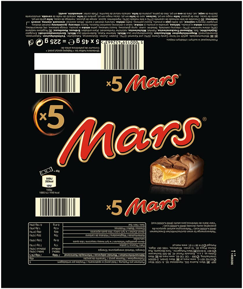 Mars Schokoriegel, Karamellschokolade, 1 Packung, 5 Riegel (1 x 225 g), (2 Stück)