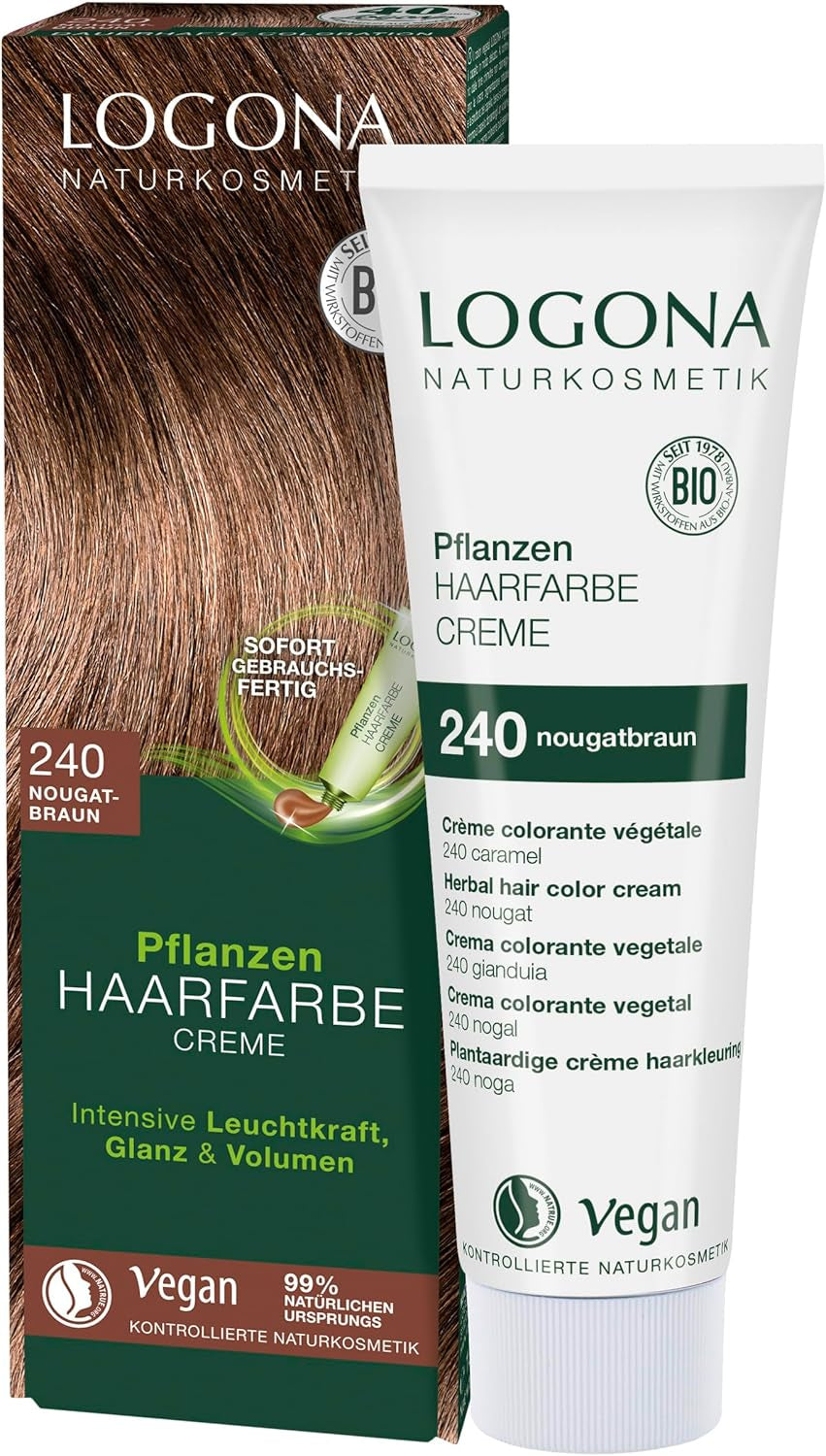 LOGONA Naturkosmetik Pflanzenhaarfarbe Creme 240 Nougatbraun, Naturfarbe für braunes Haar mit Henna, Färbecreme für Brauntöne, Coloration für dunkles Haar, 150ml Haarfarbe Naty Shop 240 Nougatbraun