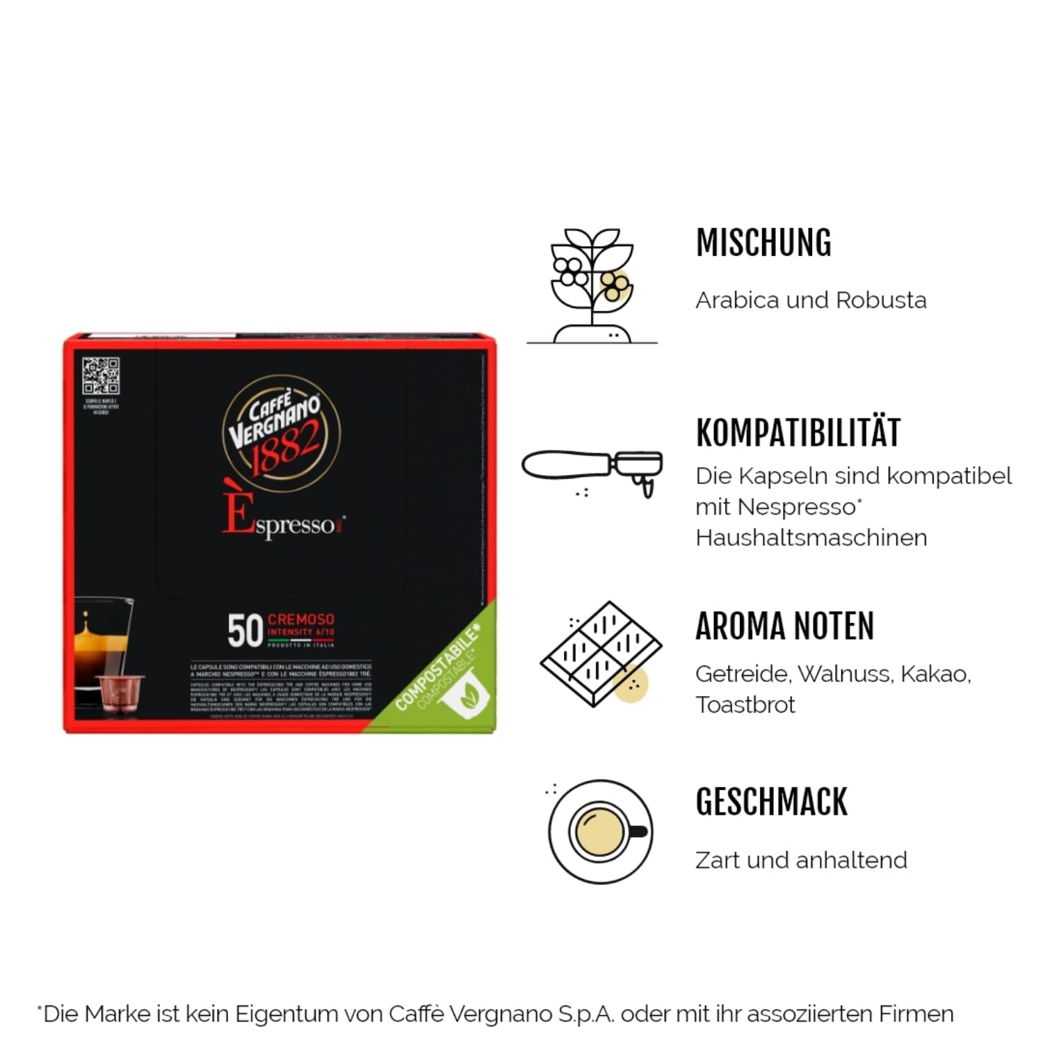 Caffè Vergnano 1882 – Èspresso kompostierbare Kaffeekapseln, kompatibel mit Nespresso, Cremoso (cremig) – Packung enthält 50 Kapseln
