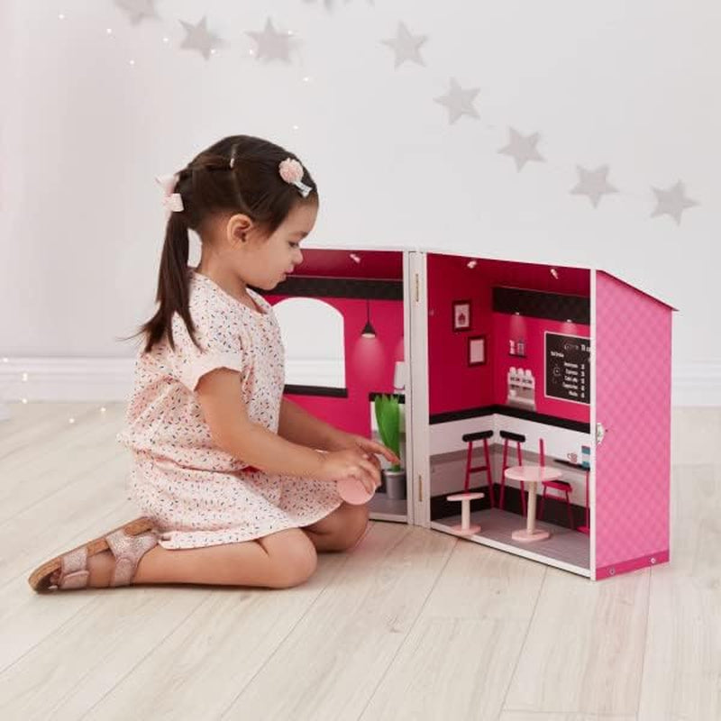 Teamson Kids – Dreamland City Café Puppenhaus 30 cm – Rosa/Weiß/Schwarz