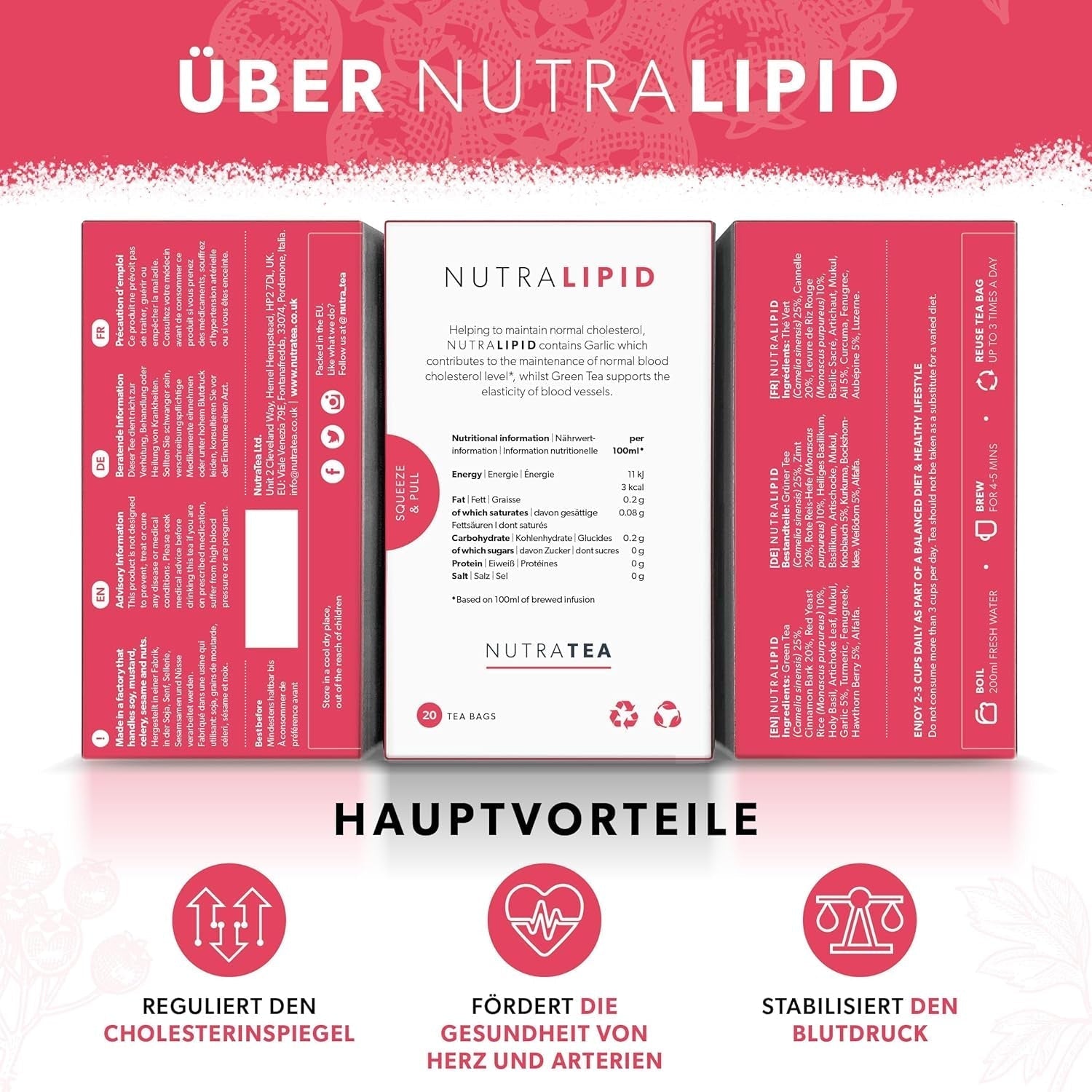 Nutra Tea NUTRALIPID, blutzuckerausgleichender Tee. Hilft, den Blutzuckerspiegel aufrechtzuerhalten, Schlankheitstee verbessert den Stoffwechsel und kann den Appetit unterdrücken, 20 wiederverwendbare Teebeutel