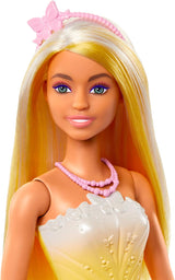 Königliche Barbie-Puppe mit ausgefallenem Haar mit bunten Strähnen, bunten Accessoires, gelbem Oberteil mit Farbverlauf und Schmetterlingsrock, HRR09 Naty Shop Dolls