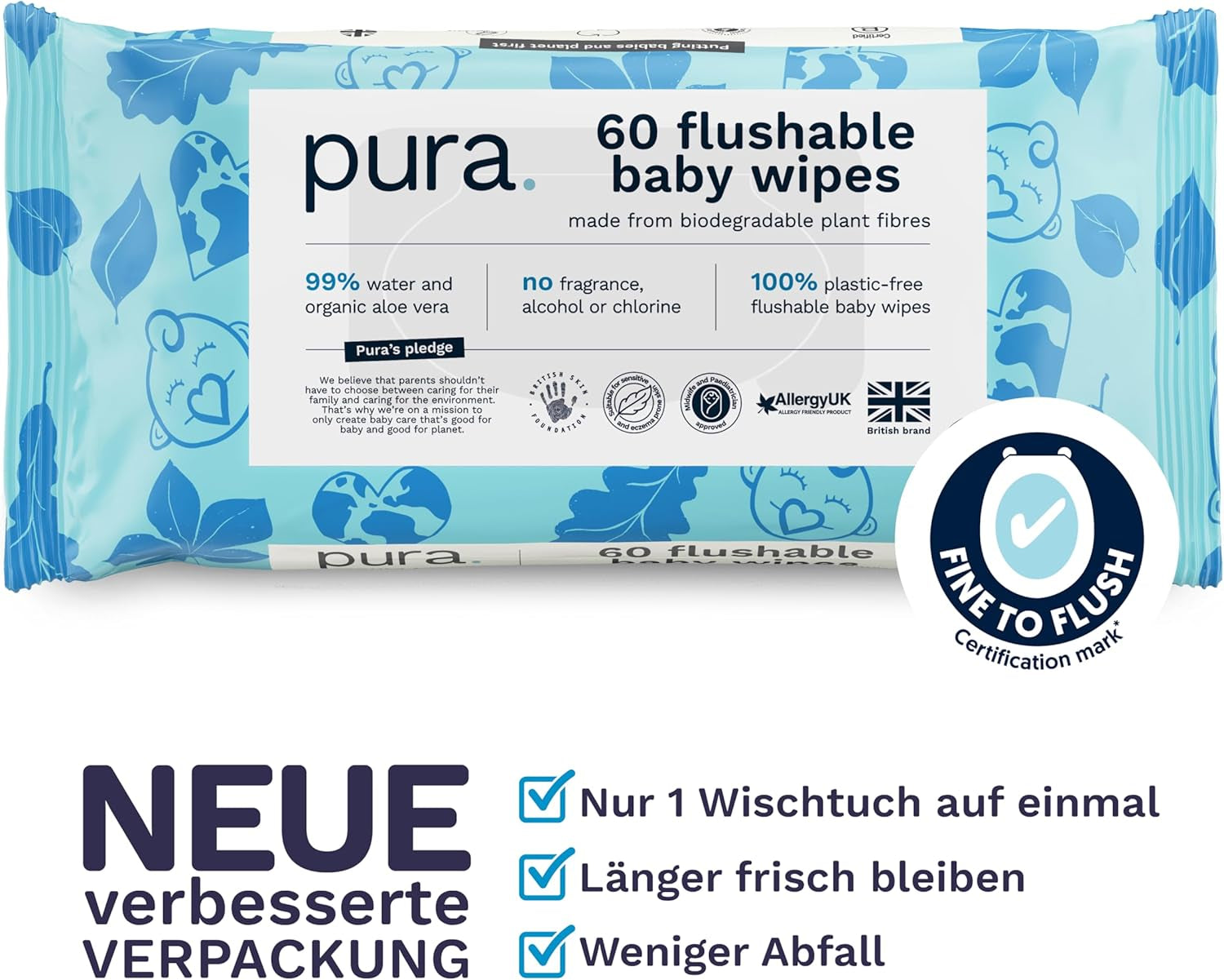 Umweltfreundliche Einweg-Babytücher für empfindliche Babyhaut, 70 Tücher (1 Packung), 99 % Wasser, 100 % plastikfrei, für empfindliche Haut, die zu Ekzemen neigt, bei Neugeborenen, biologisch abbaubar, vegan
