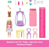 Barbie Chelsea-Puppenhaus mit mehr als 15 Zubehörteilen, Pop-up-Haus erweiterbar auf über 42 x 33 cm mit 5 Spielbereichen und einer Rutsche, mit einer kleinen Puppe und einem Hund, JFW49