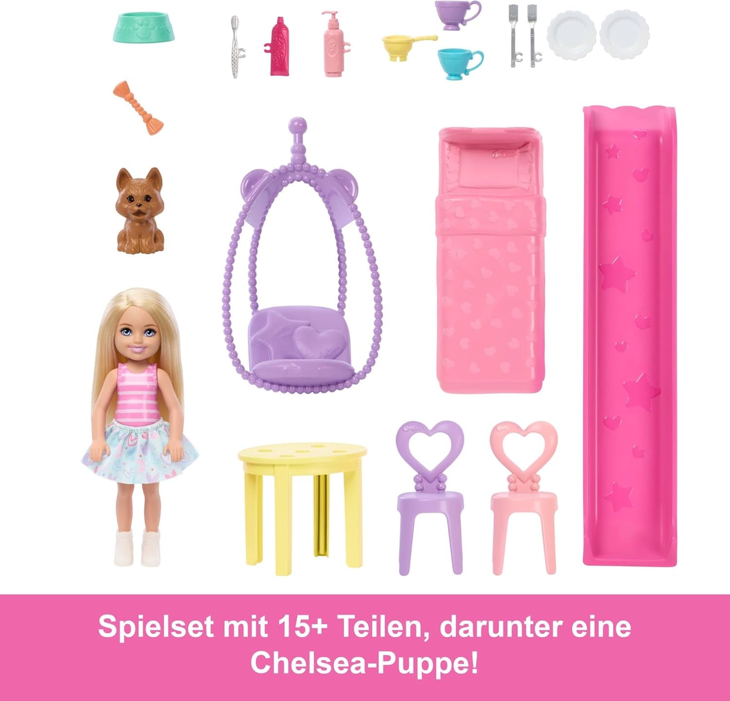 Barbie Chelsea-Puppenhaus mit mehr als 15 Zubehörteilen, Pop-up-Haus erweiterbar auf über 42 x 33 cm mit 5 Spielbereichen und einer Rutsche, mit einer kleinen Puppe und einem Hund, JFW49