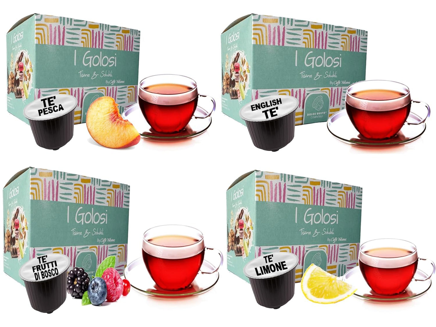 Caffè Vulcanus – 60 Kapseln Teemischung, Geschmacksrichtung: Englischer Tee, Pfirsichtee, Zitronentee und Beerentee – Kapseln kompatibel mit Nescafe Dolce Gusto