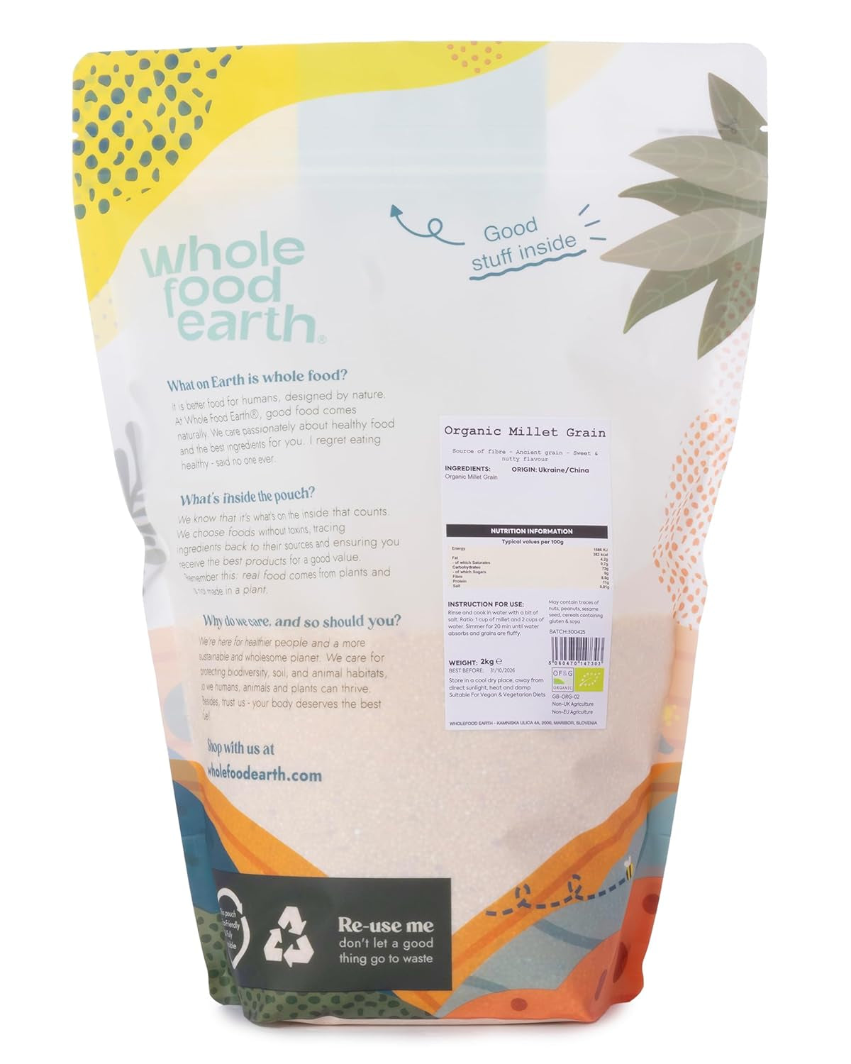 Hirse Bio Wholefood Earth 2 kg | GVO-frei | Vegan | Reich an Ballaststoffen | Bio-zertifiziert