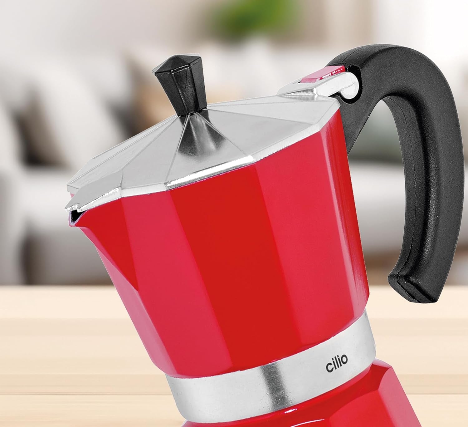 Cilio Classico Espressomaschine für 6 Tassen | elektrisch 480W | Ø 11,5 cm Höhe: 25 cm | Aluminium | rot | integriertes Kochfeld | mit Warmhaltefunktion und Reduzierfilter | für Reisen oder Camping