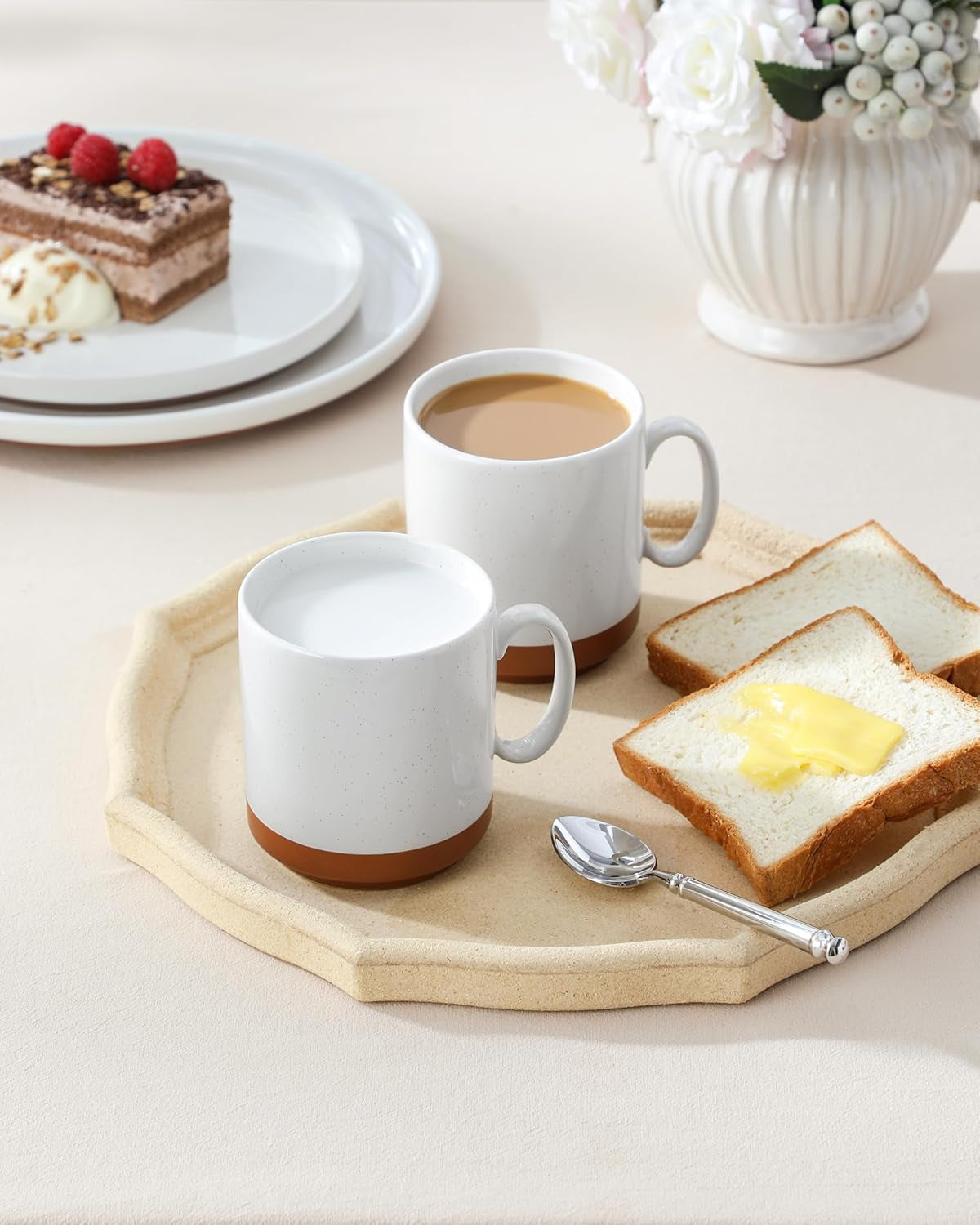 MALACASA Kaffeebecher-Set, 350 ml Steinzeugbecher-Set für 4 Personen, moderne Kaffeebecher für Tee, Saft, Latte, Cappuccino, heiße Schokolade. Spülmaschinen- und mikrowellengeeignet, TARA-Serie, Khakiweiß