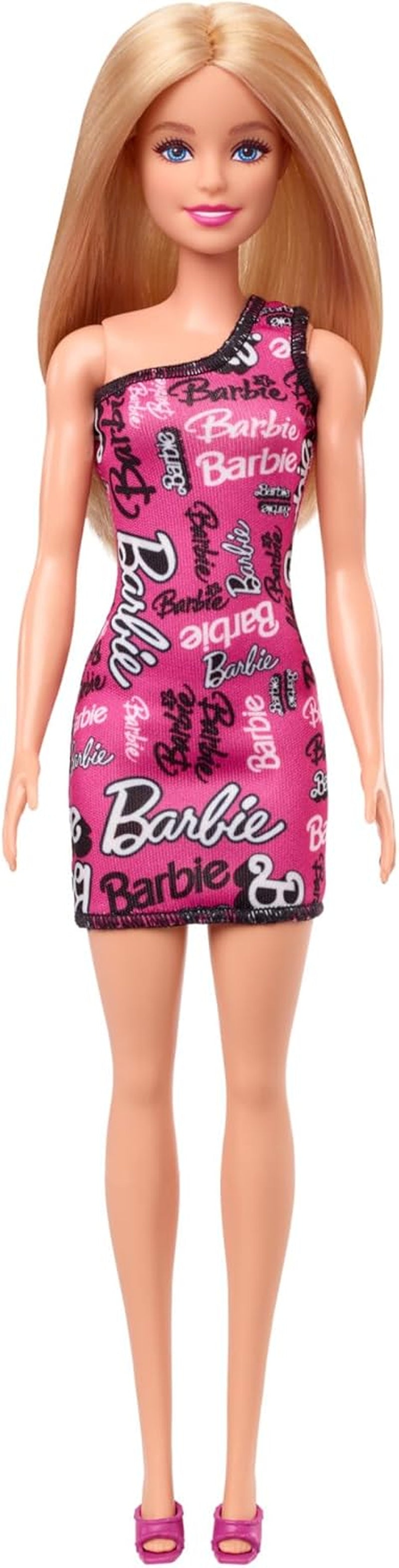 Barbie-Modepuppe mit glattem blonden Haar in rosa One-Shoulder-Stretchkleid und Schuhen mit Logo-Aufdruck HRH07 Naty Shop Dolls