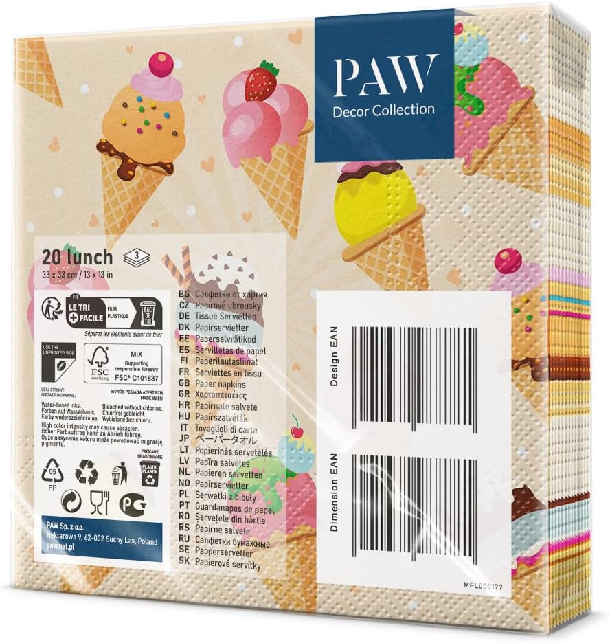 PAW – 3-lagige Servietten (33 x 33 cm) I 20 Stück I Perfekt für Partys, Geburtstage, Feiertage I Tischdekoration für Kinderfeste – Bunte Motiv-Papierservietten – Eiscreme I Eiscreme