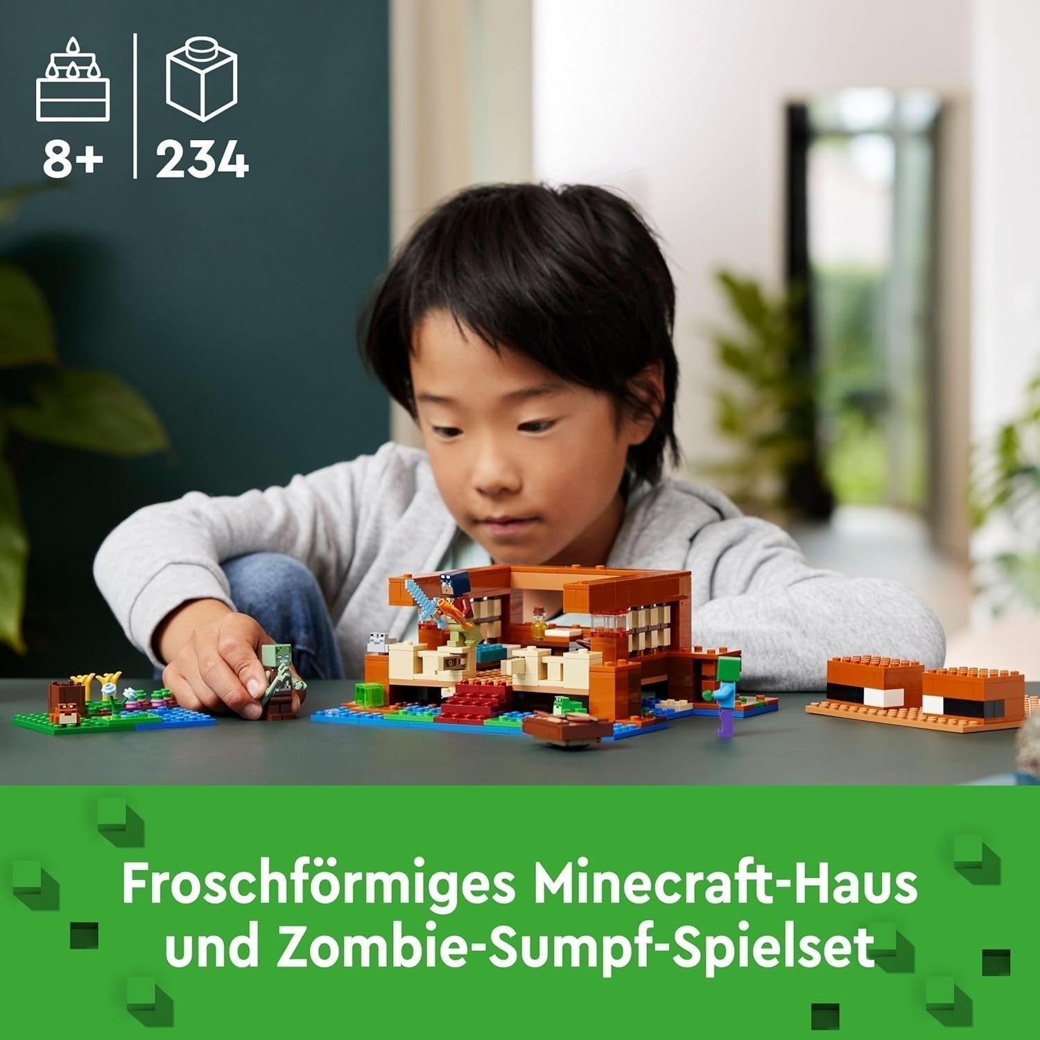 LEGO Minecraft Das Froschhaus, Spielzeughaus mit Figuren wie Zombie, Schleim und Ertrinkender, plus Zubehör wie Spielzeugboot und Werkbank, Geschenk für Jungen und Mädchen ab 8 Jahren 21256 Bausets Besuchen Sie den LEGO-Store