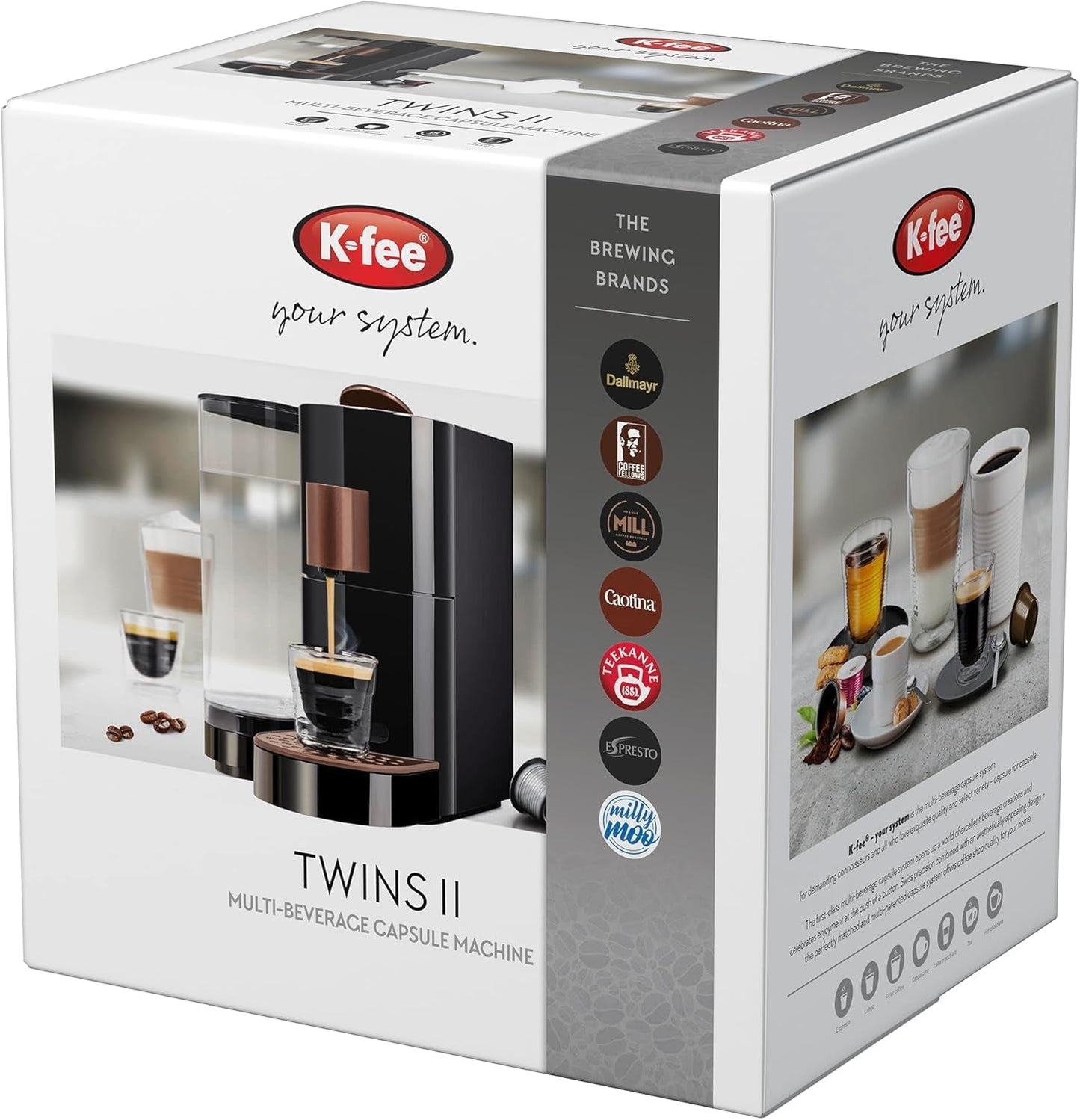 K-FEE TWINS II Kapsel-Espressomaschine für Kaffee, Tee und Kakao | Espressomaschine für große Tassen | Schnelles Aufheizen | 2,3 l Wassertank | 19 Takte | Schwarz-Kupfer