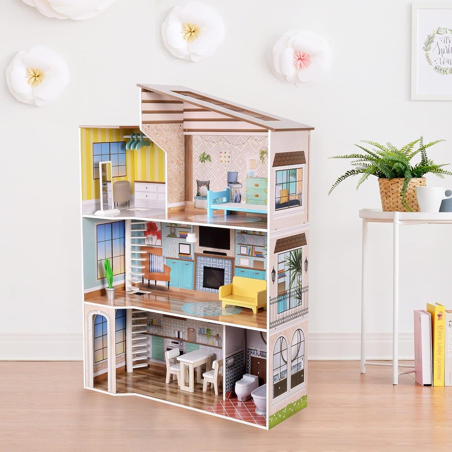 Olivia's Little World Modernes, dreistöckiges interaktives Puppenhaus aus Holz im mediterranen Stil für Kinder mit 17 Puppenmöbelzubehör, mehrfarbig, TD-13551B