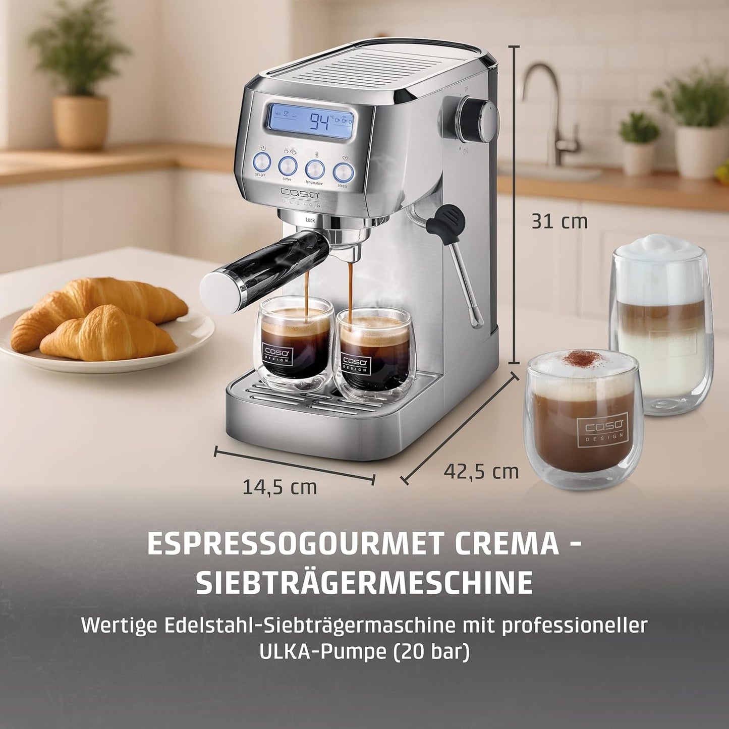 CASO EspressoGourmet Crema – Siebträger-Espressomaschine mit Milchaufschäumer, Espresso, Cappuccino, Edelstahl-Siebträger, ULKA 20-bar-Pumpe, Kaffeemaschine, gemahlener Kaffee, ESE-Kapseln