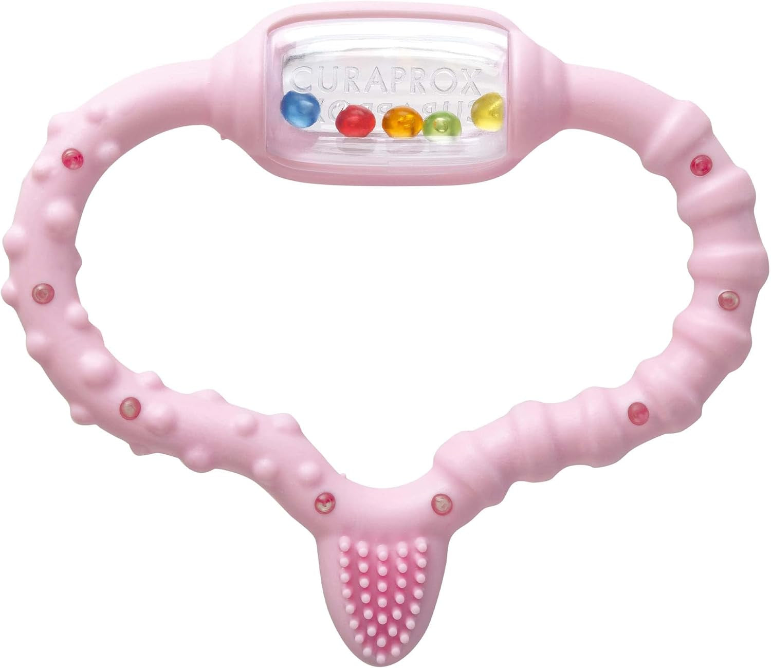 Curaprox Beißring für Babys - Für Kleinkinder 0-24 Monate / Lindert Zahnungsschmerzen und fördert motorische Fähigkeiten | BPA-frei, rosa, mit Trainingszahnbürste / Hergestellt in der Schweiz