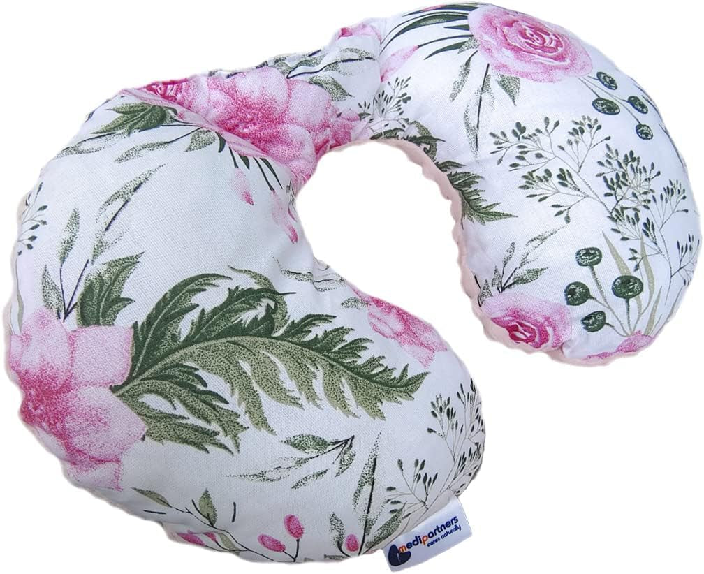 Medi Partners Baby-Nackenkissen, Nackenstütze, 100 % Baumwolle/Minky, Baby-Nackenkissen für Auto, Kinderwagen, Reisen, Reisen, Schlafen, Nackenkissen, Schlummerrolle (REH mit grauem Minky). Zervikale orthopädische Kissen, Naty Shop, Blume mit hellrosa Minky