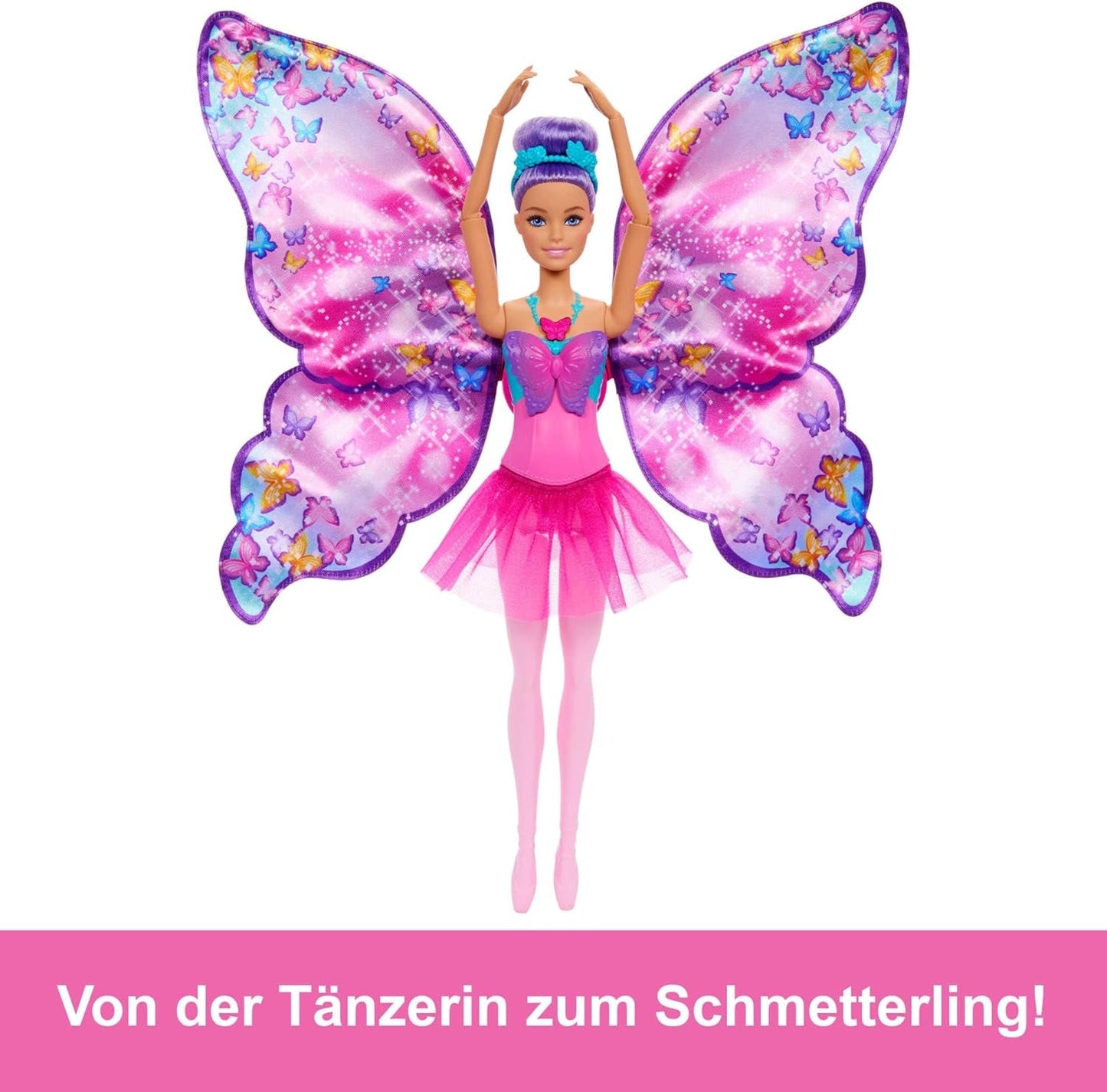Barbie Tänzerin und Schmetterling 2-in-1 verwandelt Tänzerin in einen Schmetterling mit aufklappbaren Flügeln, lila Haaren, Haarschmuck und abnehmbarem Tutu, HXJ10