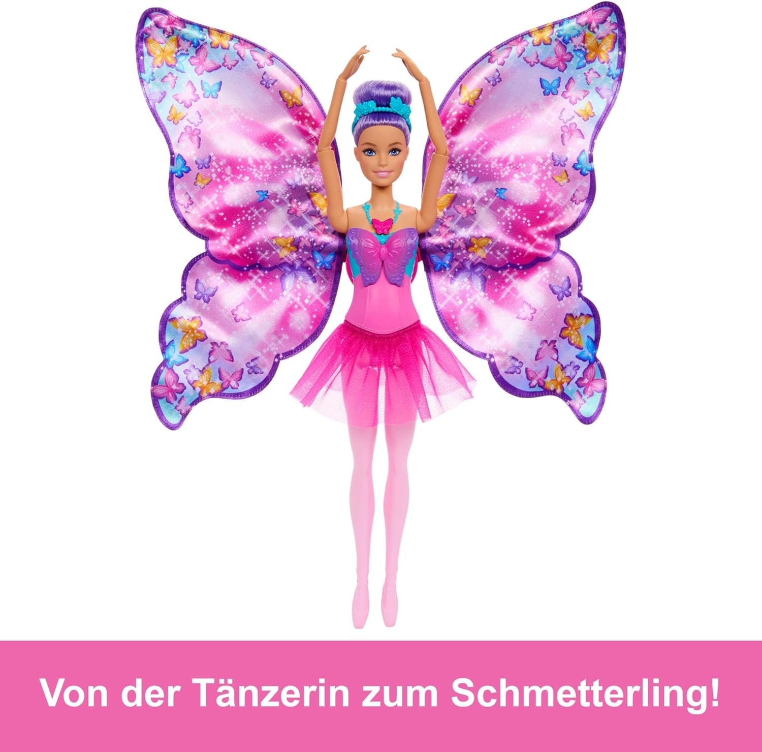 Barbie Tänzerin und Schmetterling 2-in-1 verwandelt Tänzerin in einen Schmetterling mit aufklappbaren Flügeln, lila Haaren, Haarschmuck und abnehmbarem Tutu, HXJ10