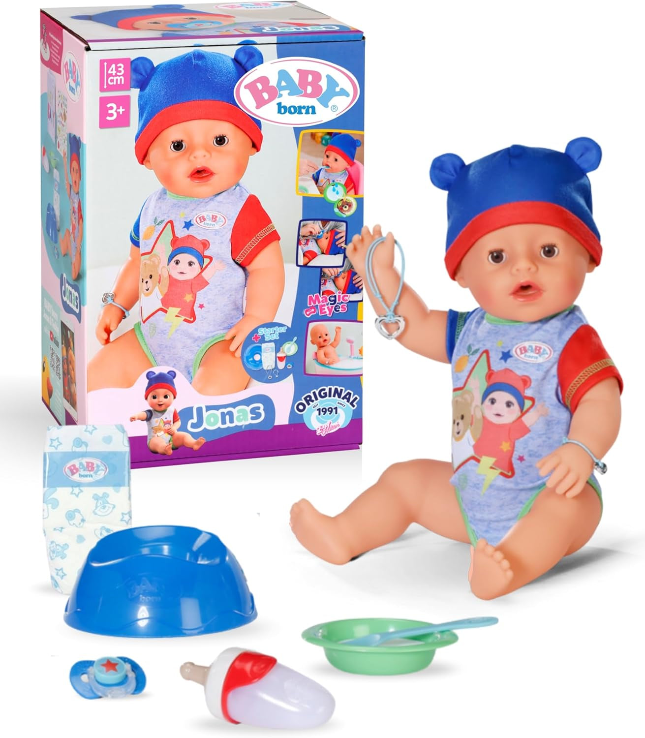 BABY Born Jonas – Babypuppe 43 cm – 10 Funktionen inklusive Zubehör und Matratze – Funktioniert komplett ohne Batterien – Geeignet für Kinder ab 3 Jahren