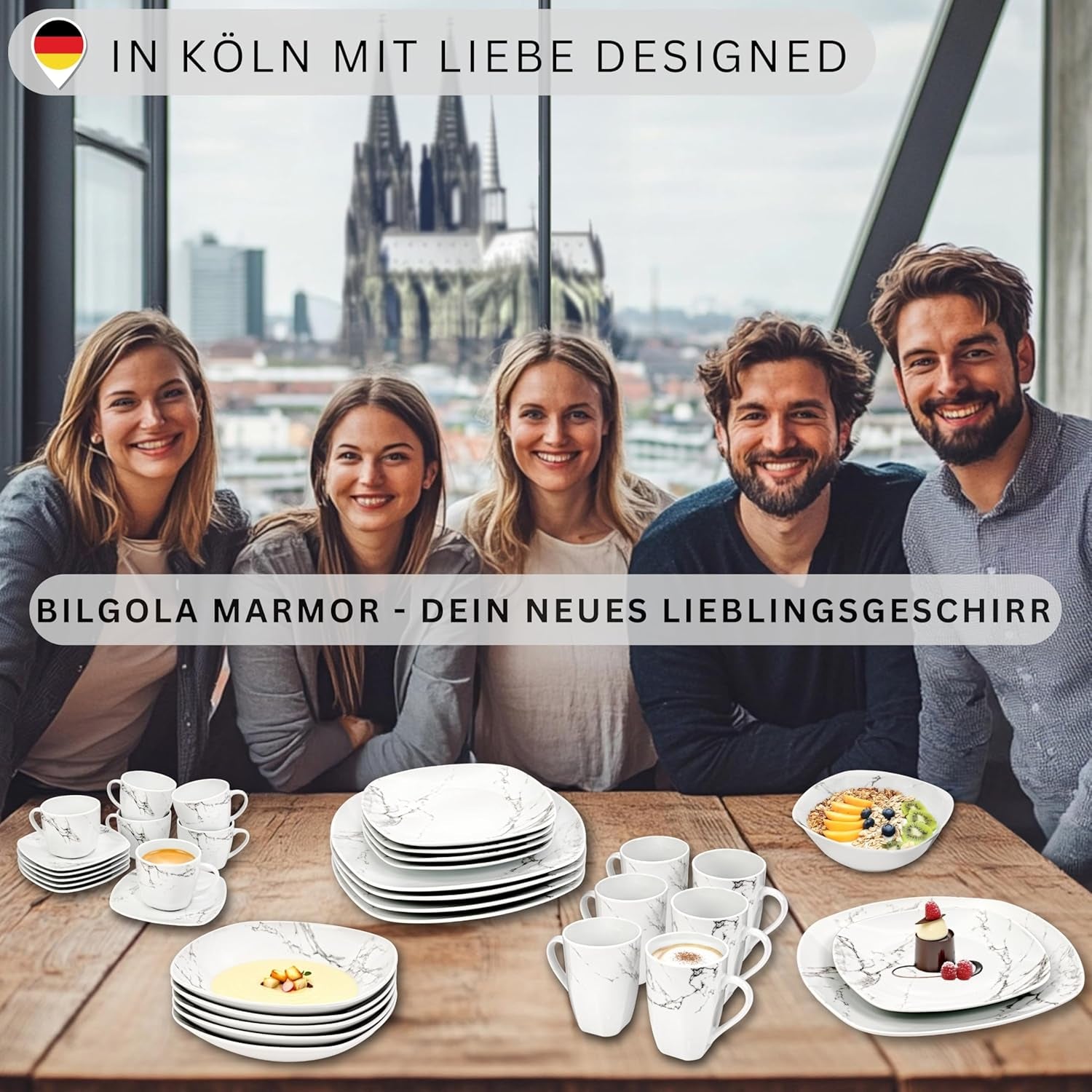 SANGER | Bilgola Marmor-Geschirr-Set, 36-teilig, für 6 Personen, mit Speisetellern, Desserttellern, Suma-Tellern, Müslischalen, Kaffeetellern und Porzellan-Untertassen, quadratisch | DIE PREMIUM-KOLLEKTION