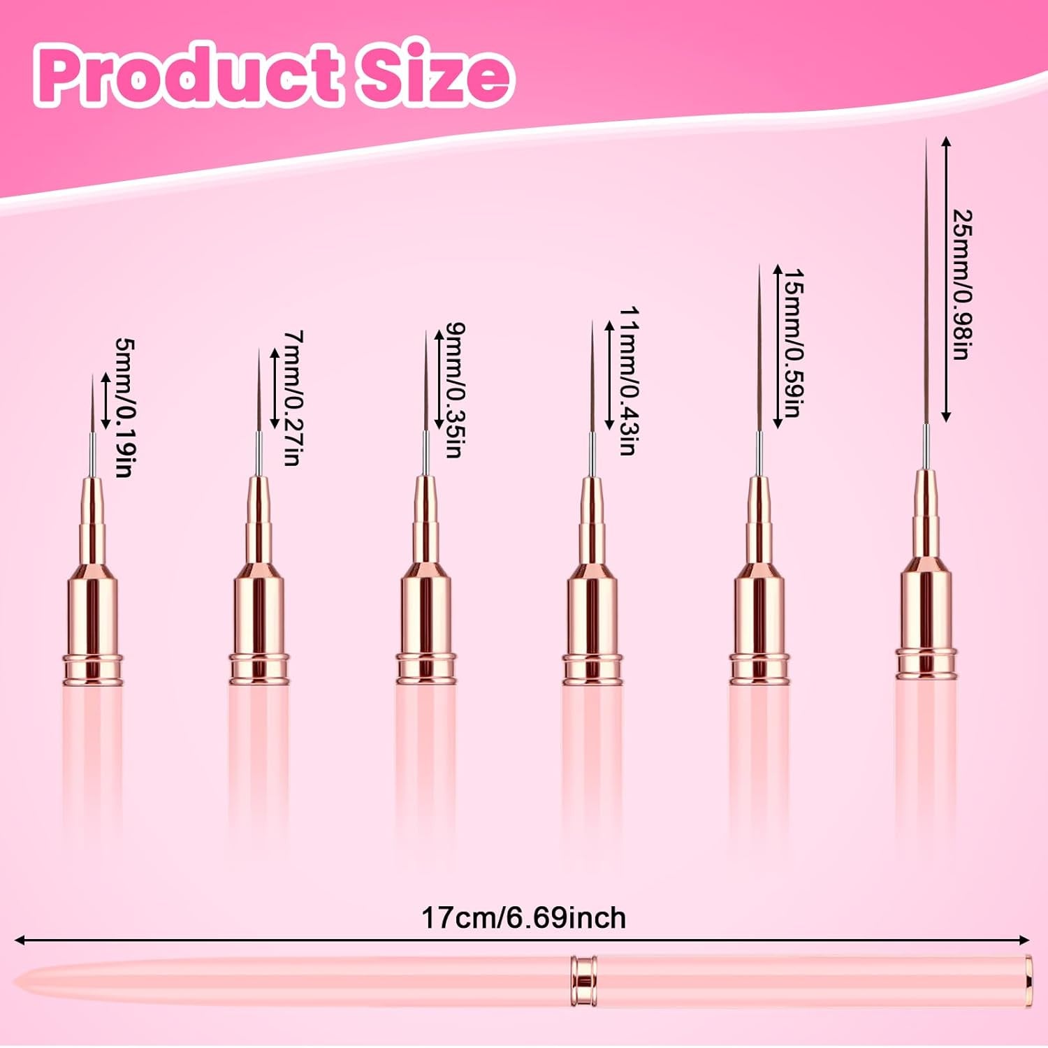 6 Stück Liner Nailart Pinsel Nageldesign Pinsel Set Dünn Acryl Nagelpunkt-Zeichenwerkzeug Nägel Dünne Nagelpinsel Set Für Lange Linien, Dünne Details, Feines Zichnen 5/7/9/11/15/25 Mm (Rosa)