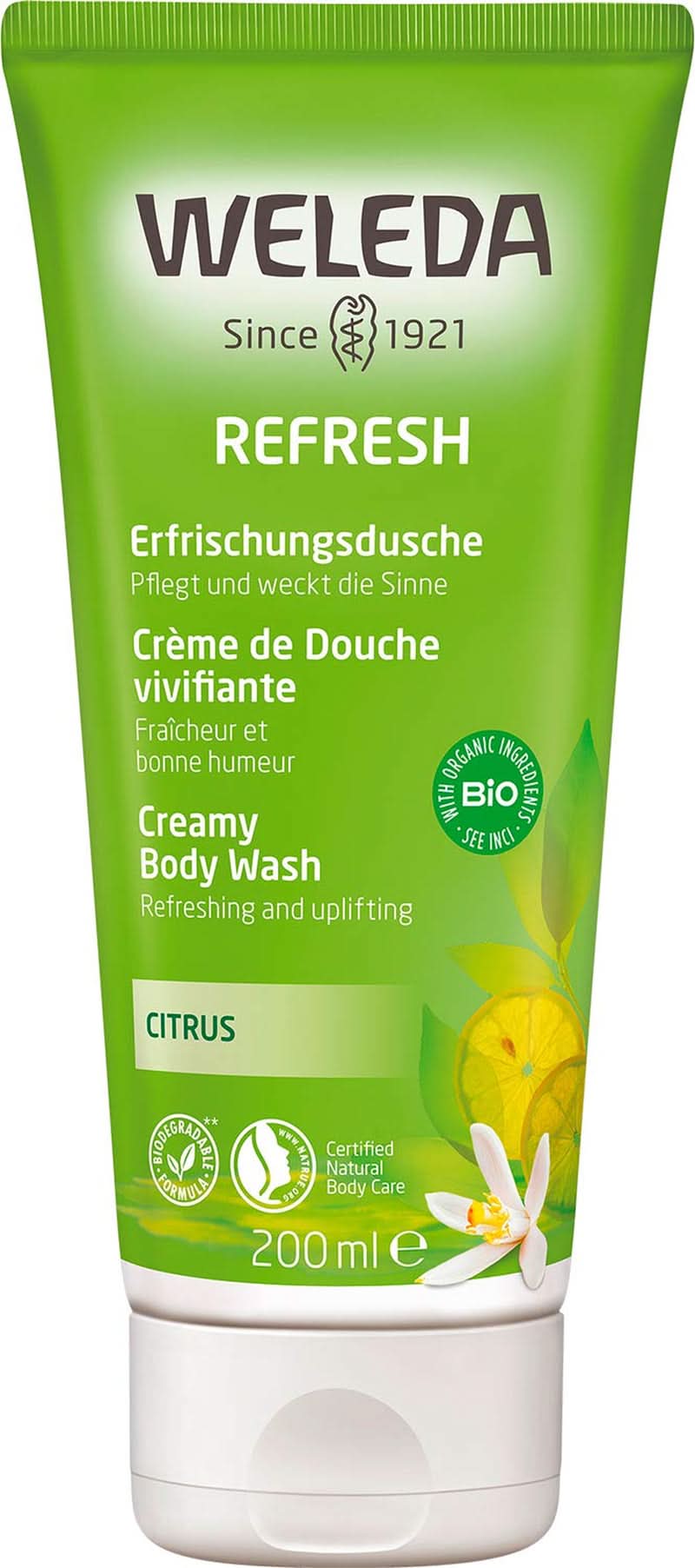 WELEDA Organic Refresh Duschgel Vegan, Unisex-Duschgel, Zitronen-/Orangengeschmack, 200 ml Naty Shop Standardtitel