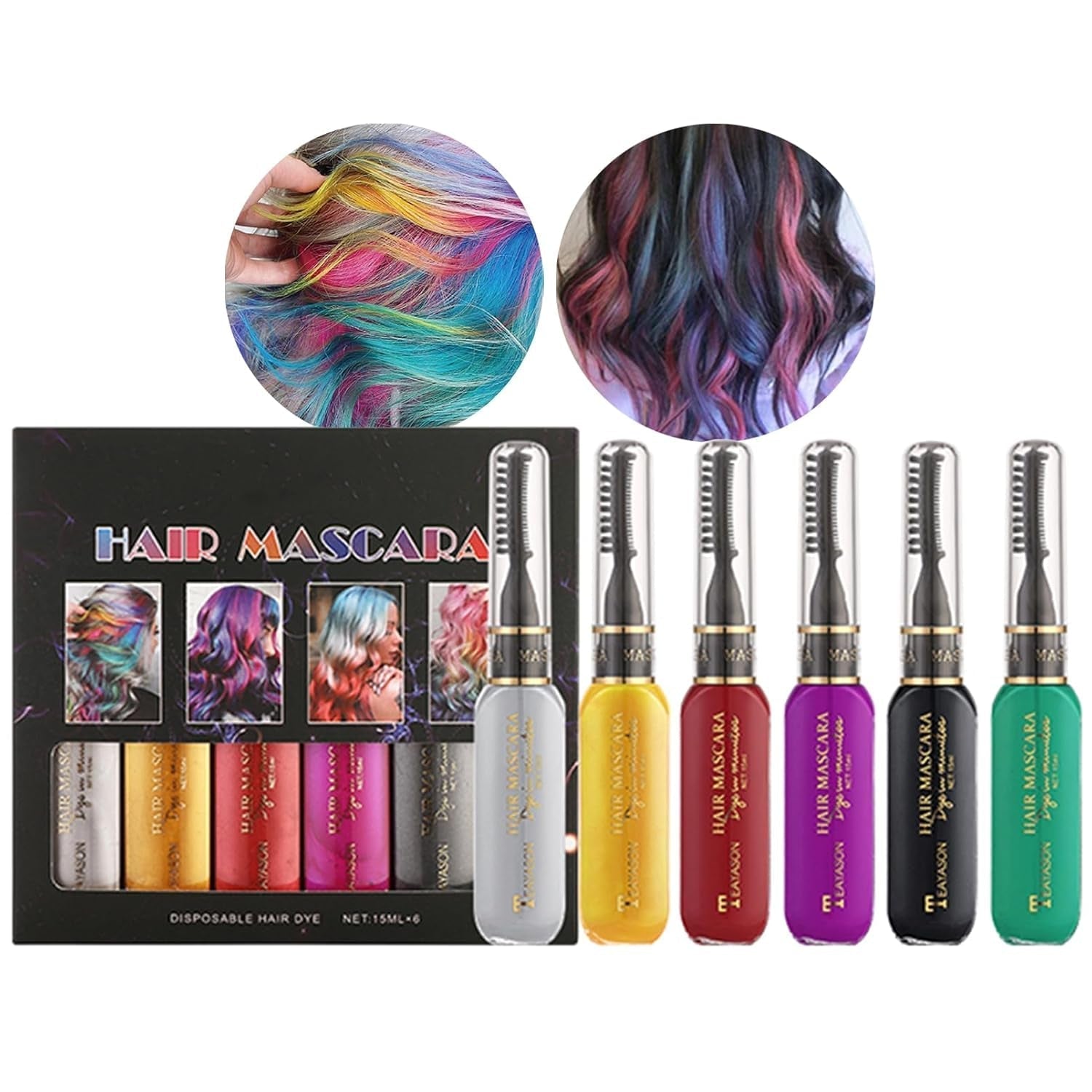 Sofortige Haarfarbe, 6 Farben, temporäre Haar-Mascara für Mädchen und Frauen, waschbare Haarkreide, Regenbogen-Haar-Mascara, Haarfarbe für Karneval, Halloween, Cosplay, Party, Geburtstag (A), Naty Shop Haarfarbe B, 90 ml (1 Packung)