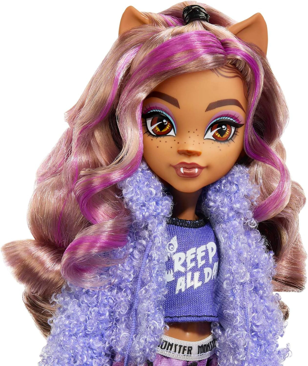 MONSTER HIGH Puppen- und Übernachtungszubehör, Clawdeen-Wolf-Puppe mit Haustierkatze, Halbmond, Creepover-Party, HKY67