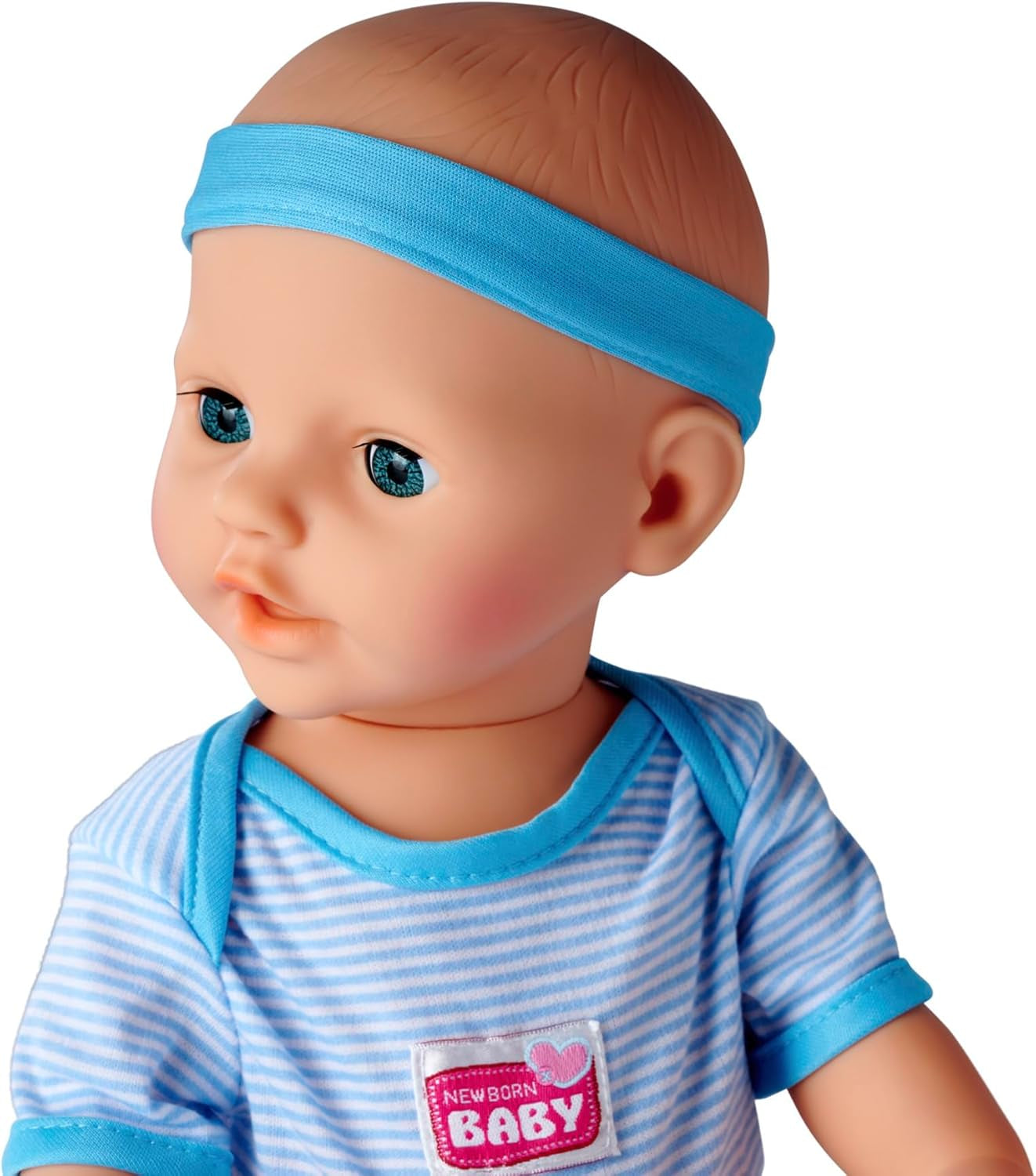 Simba 105030044 – Neugeborene Puppe – Junge, Vollvinylpuppe mit Schlafaugen, Trink- und Benetzungsfunktion und Zubehör, 8 Teile, 43 cm, Babypuppe, ab 3 Jahren