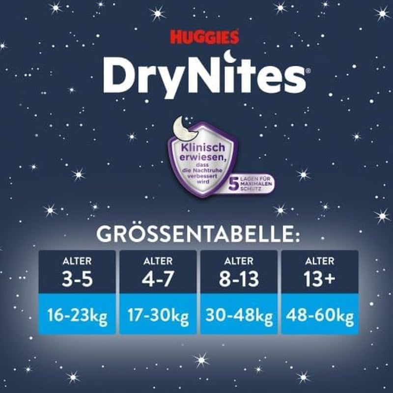 Huggies DryNites Super saugfähige Nachtwindeln für Mädchen von 4–7 Jahren, 4 x 16 Höschenwindeln (64 Stück), Monatspackung