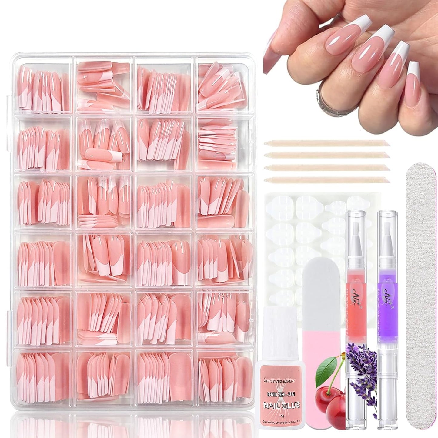 360-teiliges Ballerina-Kunstnägel-Set mit Farbverlauf, rosa-weißer Farbverlauf zum Aufkleben, künstliche Nägel mit 2 Nagelölstiften, mittlere künstliche Nägel im Ombré-Stil für Frauen zum Selbermachen