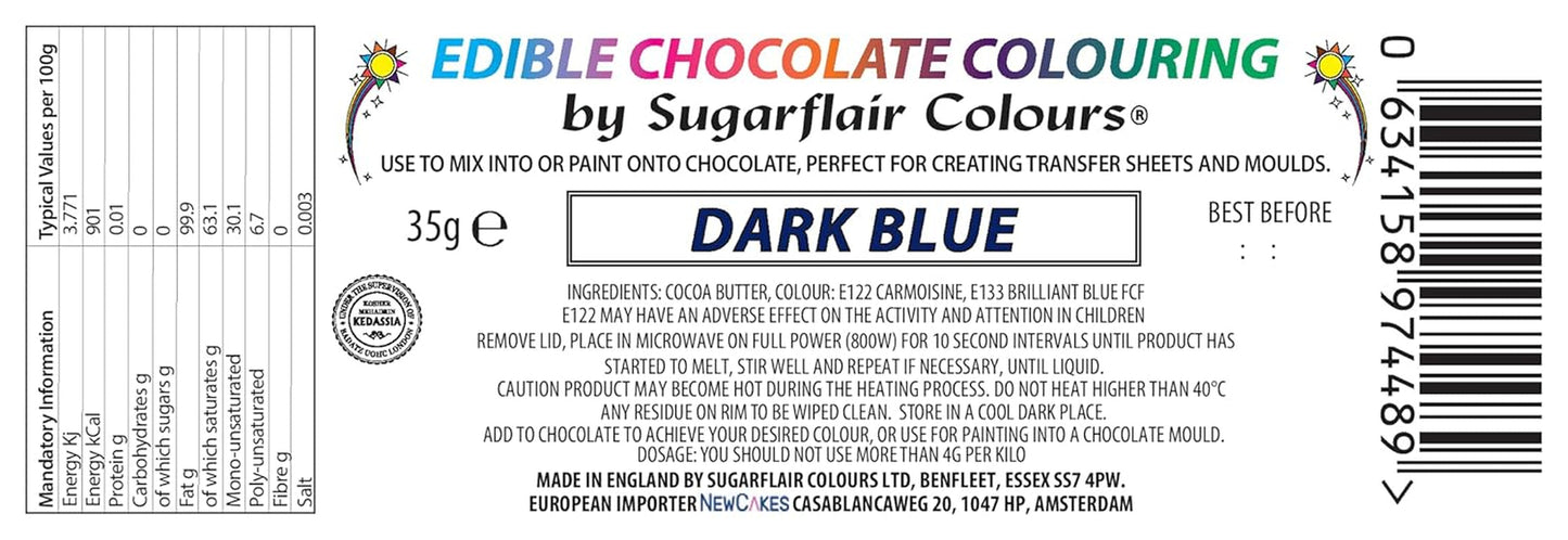Lebensmittelfarbe Sugarflair Chocolate Lebensmittelfarbe für Schokolade, dunkelblau - Farbige Kakaobutter, Schokoladenfarbe zum Färben von Schokolade, Praline - 35g