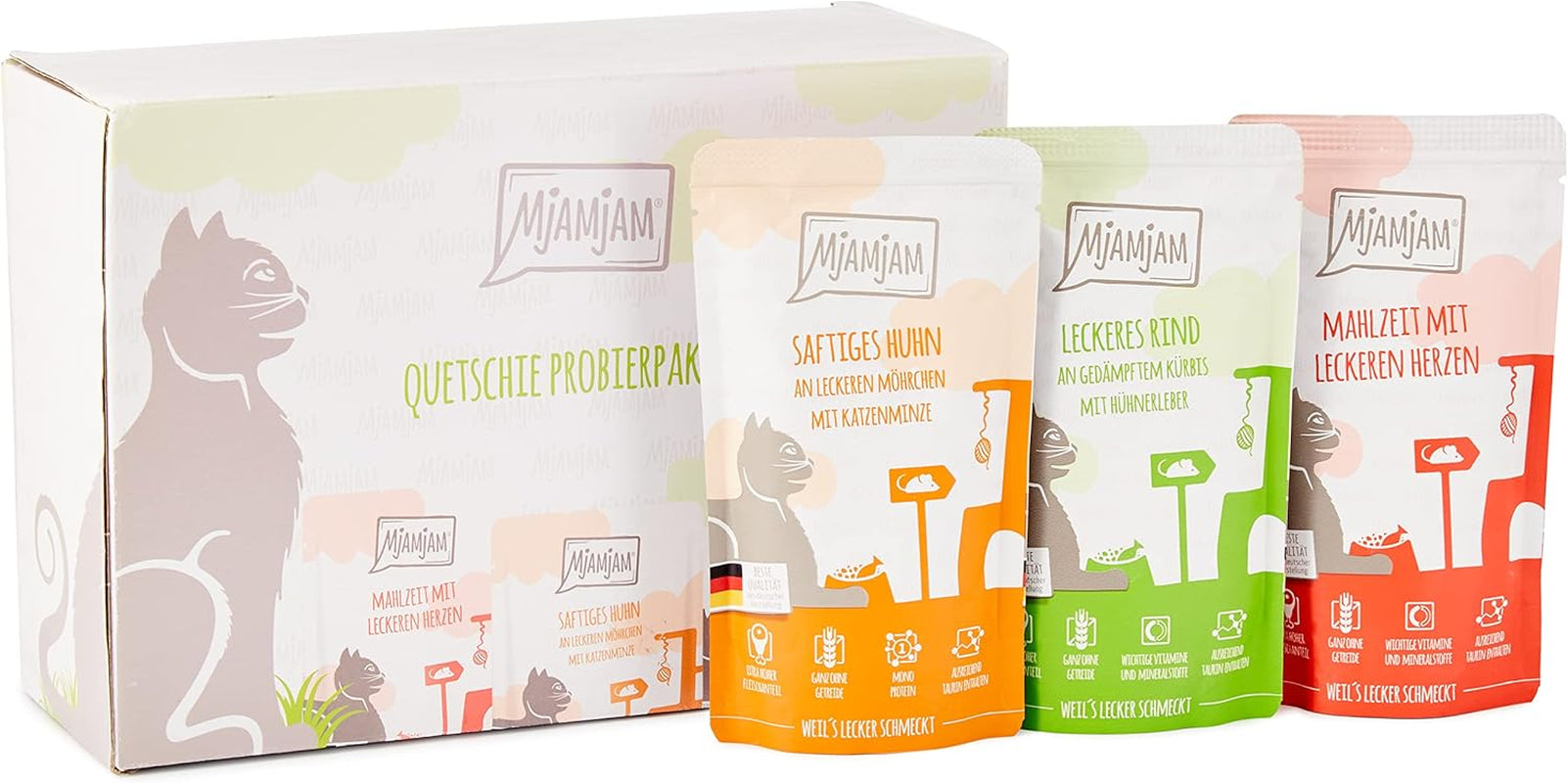 MjAMjAM – Premium-Nassfutter für Katzen – Mischpackung I – Huhn, Rind, Herzen, 12er-Pack (12 x 125 g), getreidefrei mit extra Fleisch