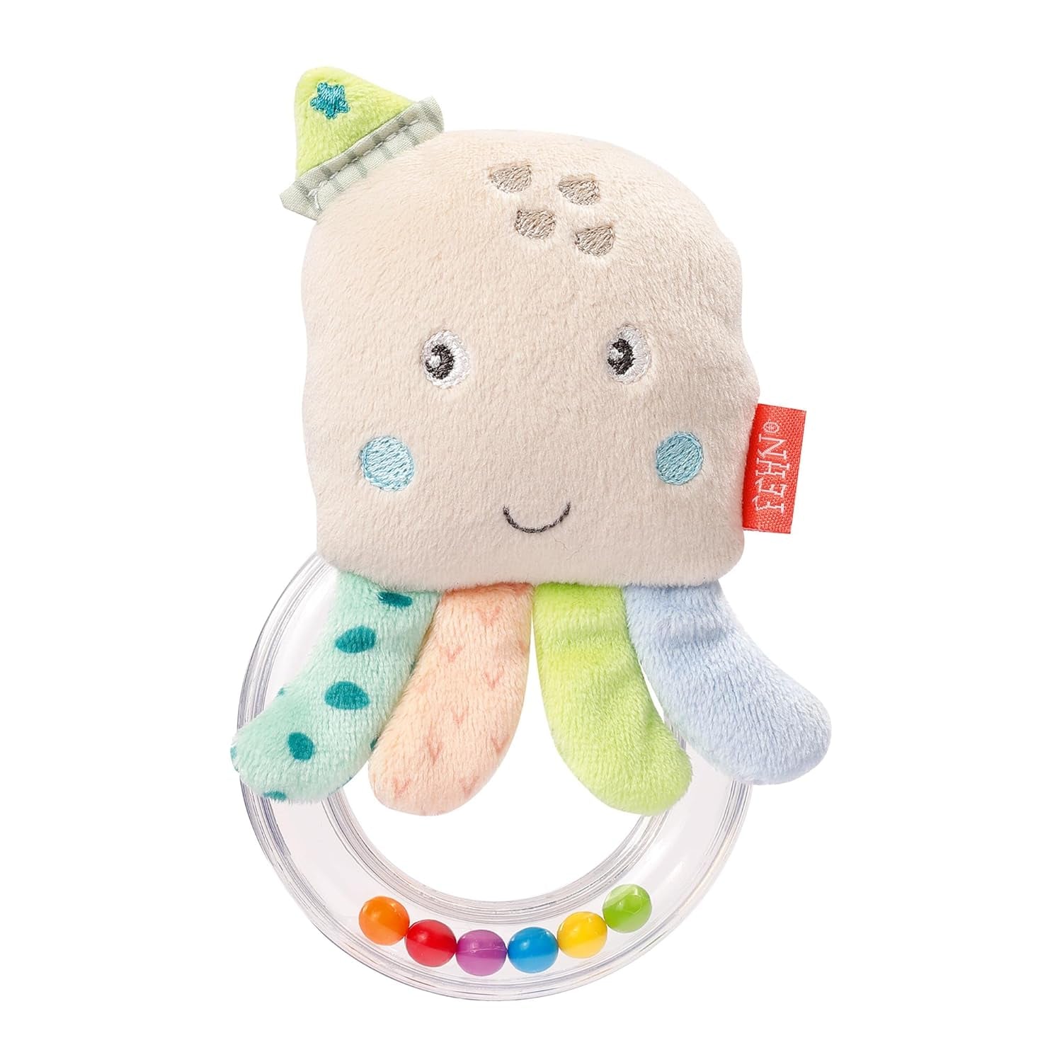 Fehn Octopus Toy Ring Bell – Rasseln, Quietschen, Spielzeug für motorische Fähigkeiten – Baby-Plüschtier aus weichem Stoff – Baby- und Kleinkindspielzeug ab 0 Monaten Babyspielzeug Naty Shop Octopus